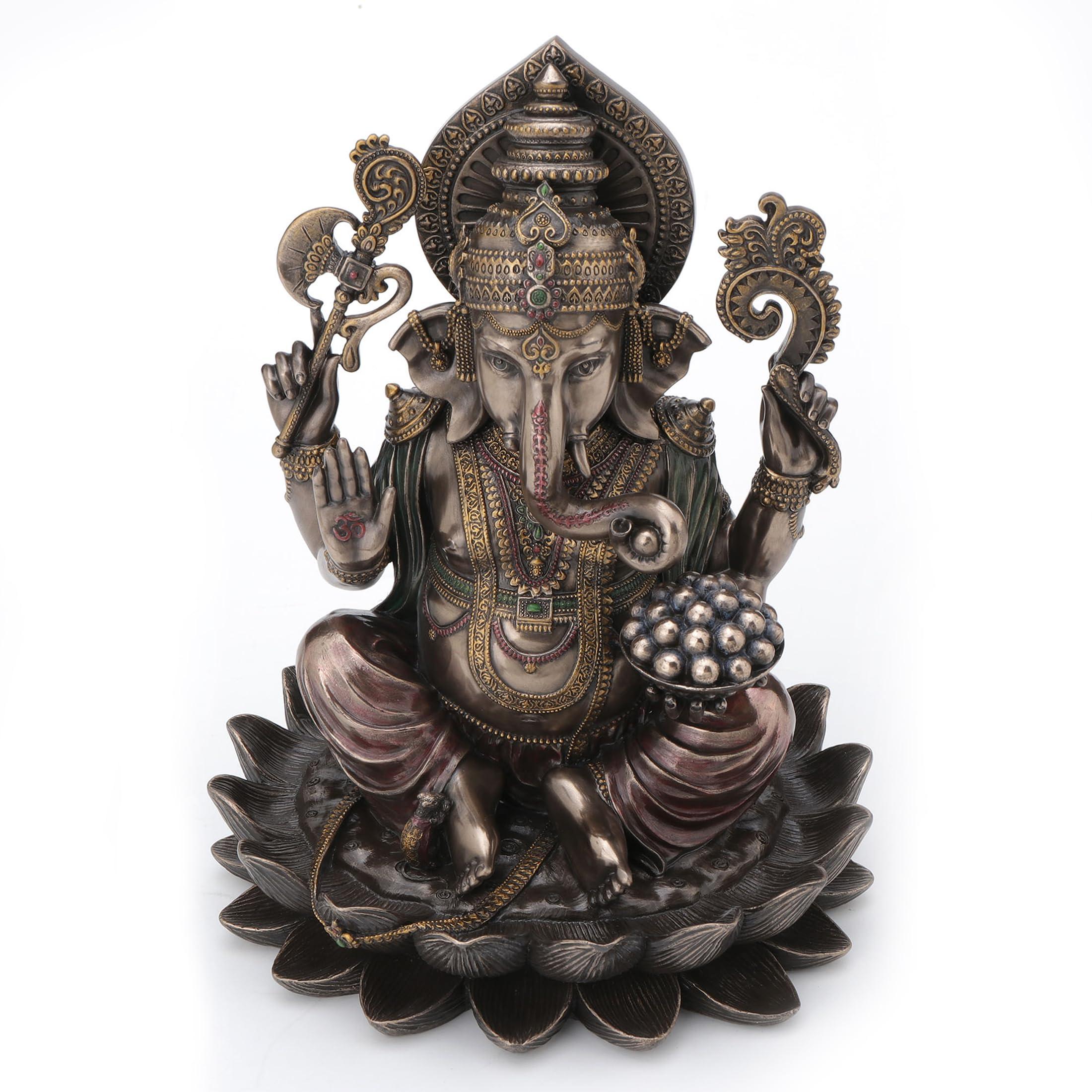 Veronese Design 9 7/8 Inch Lord Ganesha Sitting on Lotus Hindu God Antique Bronze Finish Resin Statue - Image 4