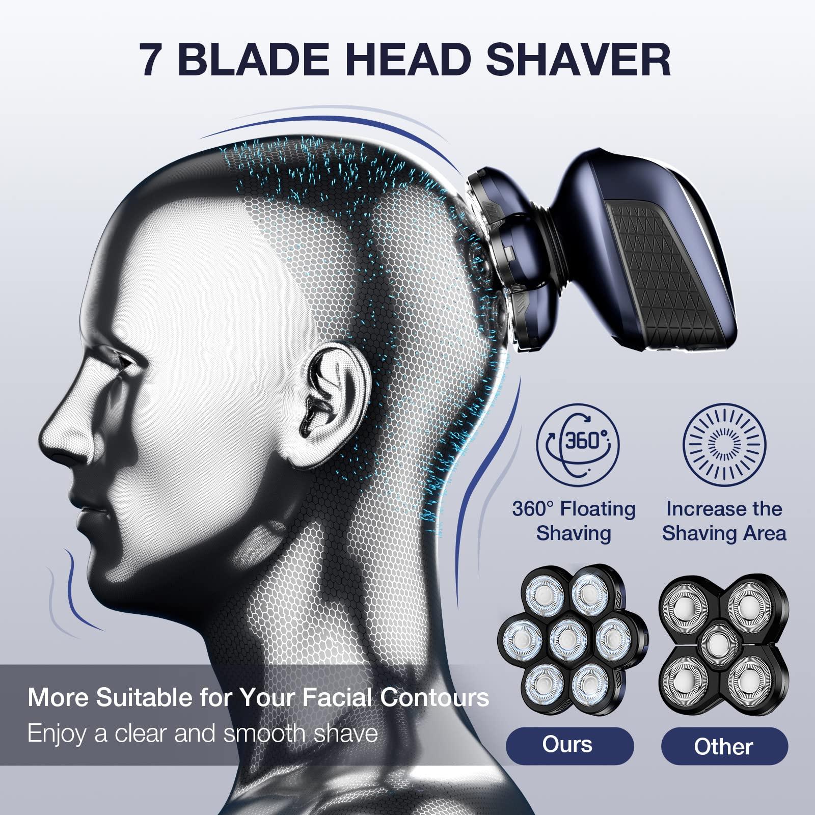 Head Shaver 7D, Wyklaus Upgrade Head Shavers for Bald Men, Head Electric Razor with Nose Hair Trimmer, IPX6 Waterproof Wet/Dry Mens Grooming Kit, Anti-Pinch, LED Display, USB Rechargeable - Image 2