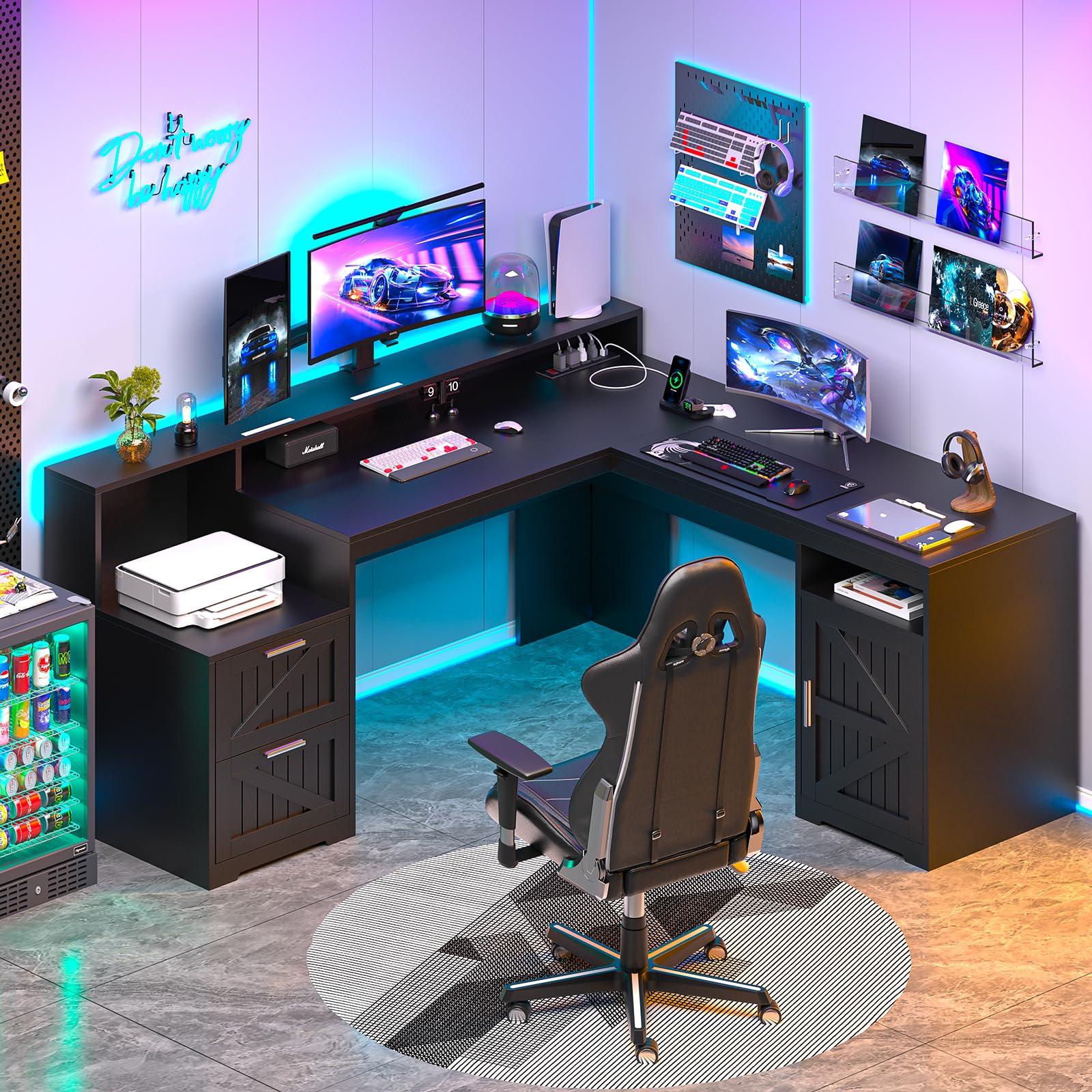 YOMILUVE 63" Farmhouse L Shaped Desk with Drawers & Storage Shelf, Corner Computer Desk with Power Outlets for Home Office, Executive Desk with Monitor Stand, Printer Shelf, Black - Image 9