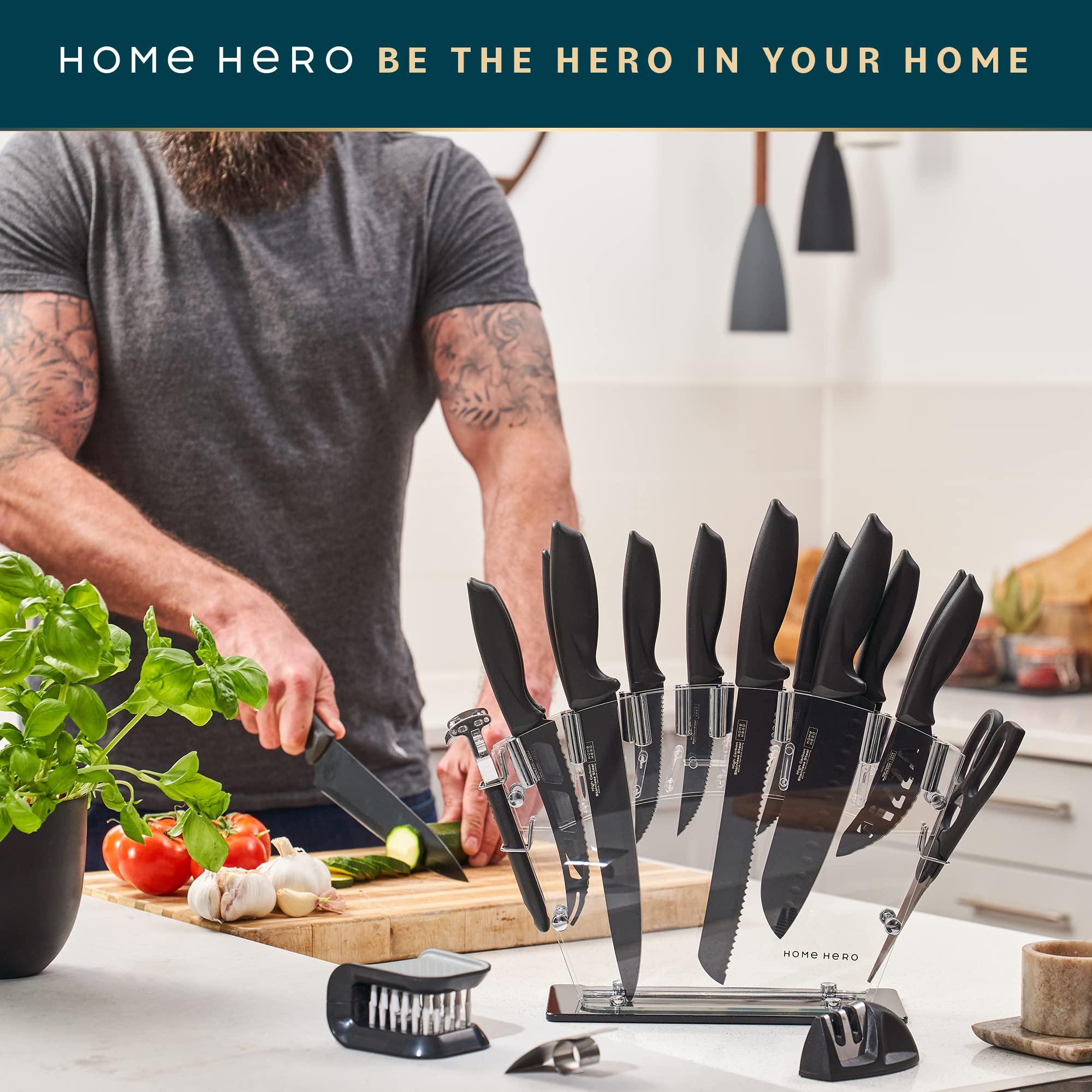 Home Hero Kitchen Knife Set with Sharpener - High Carbon Stainless Steel Knife Block Set with Ergonomic Handles (20 Pcs - Black) - Image 9