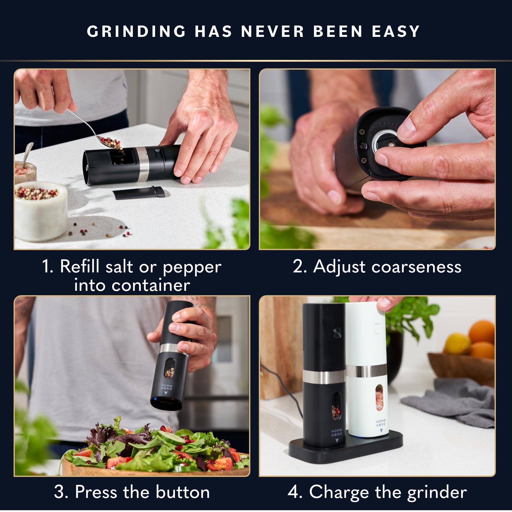 Home Hero Electric Salt and Pepper Grinder Set - Automatic Salt and Pepper Grinder Set Rechargeable. Electronic Salt and Pepper Shakers with LED Light, Electric Pepper Grinder & Salt Grinder, Set of 2 - Image 5