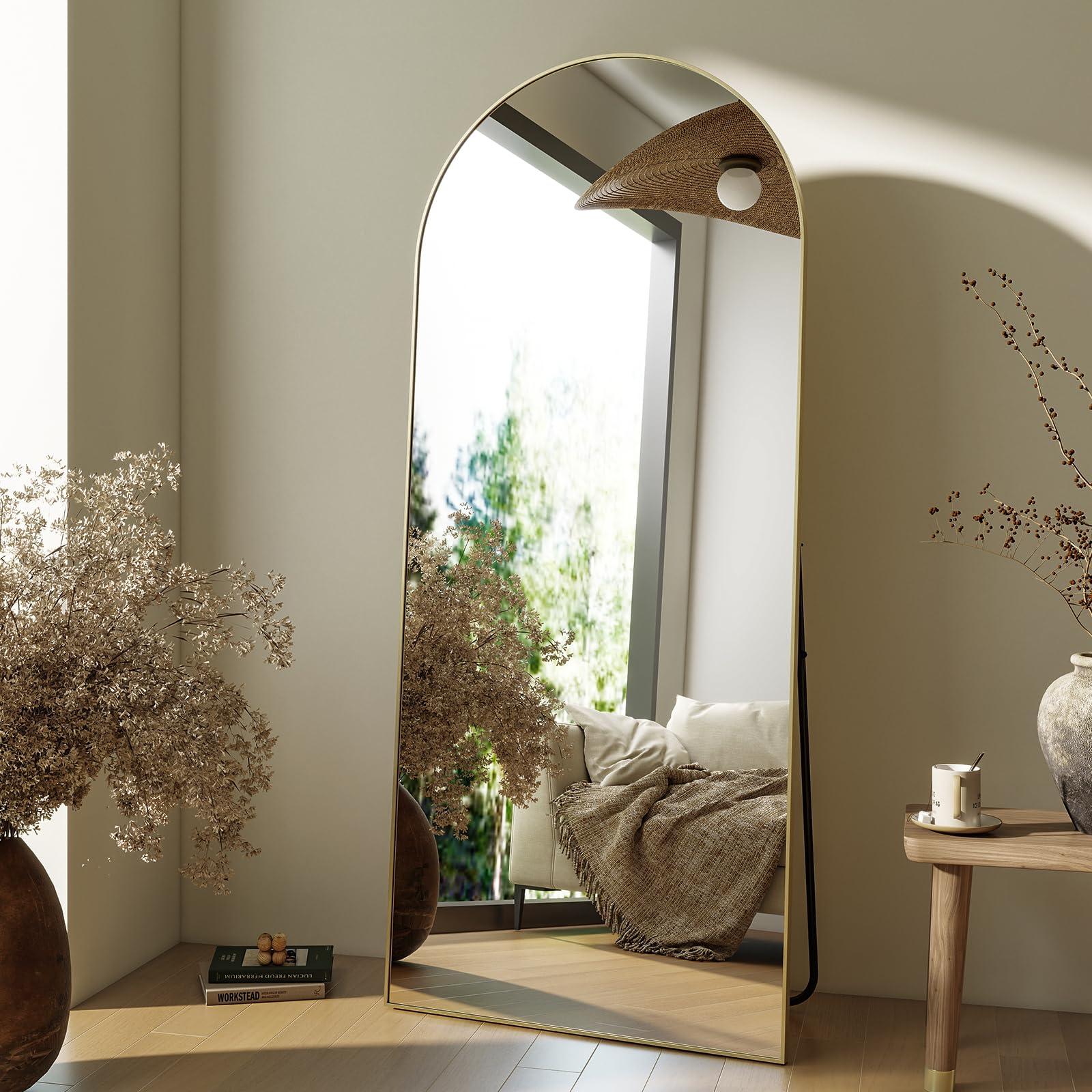 HARRITPURE 64"x21" Arched Full Length Mirror Free Standing Leaning Hanging Mounted Mirror Aluminum Frame Modern Simple Home Decor for Living Room Bedroom Cloakroom, Gold - Image 4