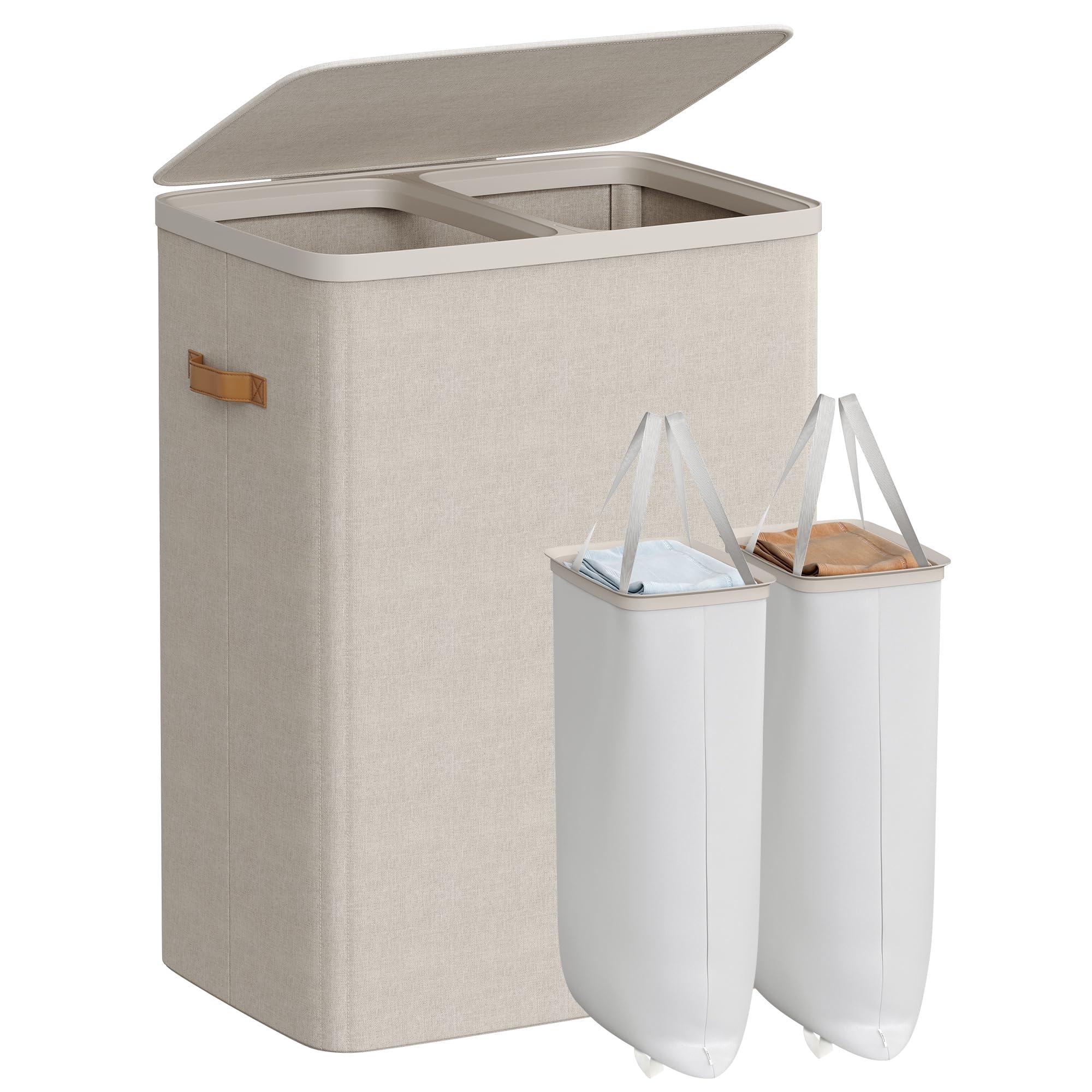 SONGMICS Laundry Basket, 44.9 Gal. Laundry Hamper, 2 Compartments, Easy Assembly, with Lid and Handles, Removable Inner Bags, 22 x 15.7 x 29.5 Inches, Cappuccino Beige ULCB813L01