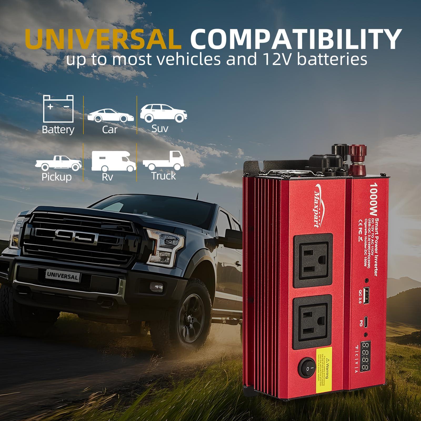 TWING Car 1000w Inverter,12v DC to 110v Power Inverters for Vehicles 1000 watt with Dual AC Outlets 3.0A USB and Type-C,12 Volt Inverter Car Cigarette Lighter Battery - Image 2