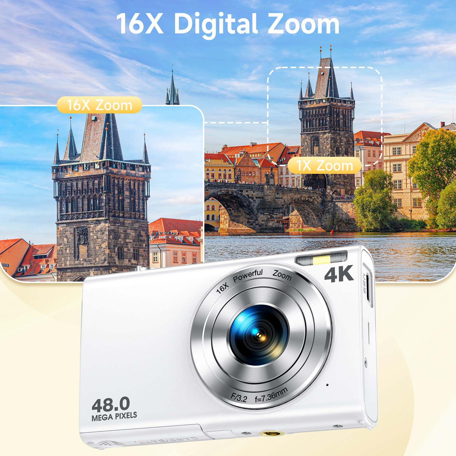 Digital Camera, Autofocus 48MP UHD 4K Vlogging Camera 16X Digital Zoom, Portable Compact Point and Shoot Digital Camera for Teens Adult Beginner with 32GB Card, 2 Batteries, Lanyard(White) - Image 5