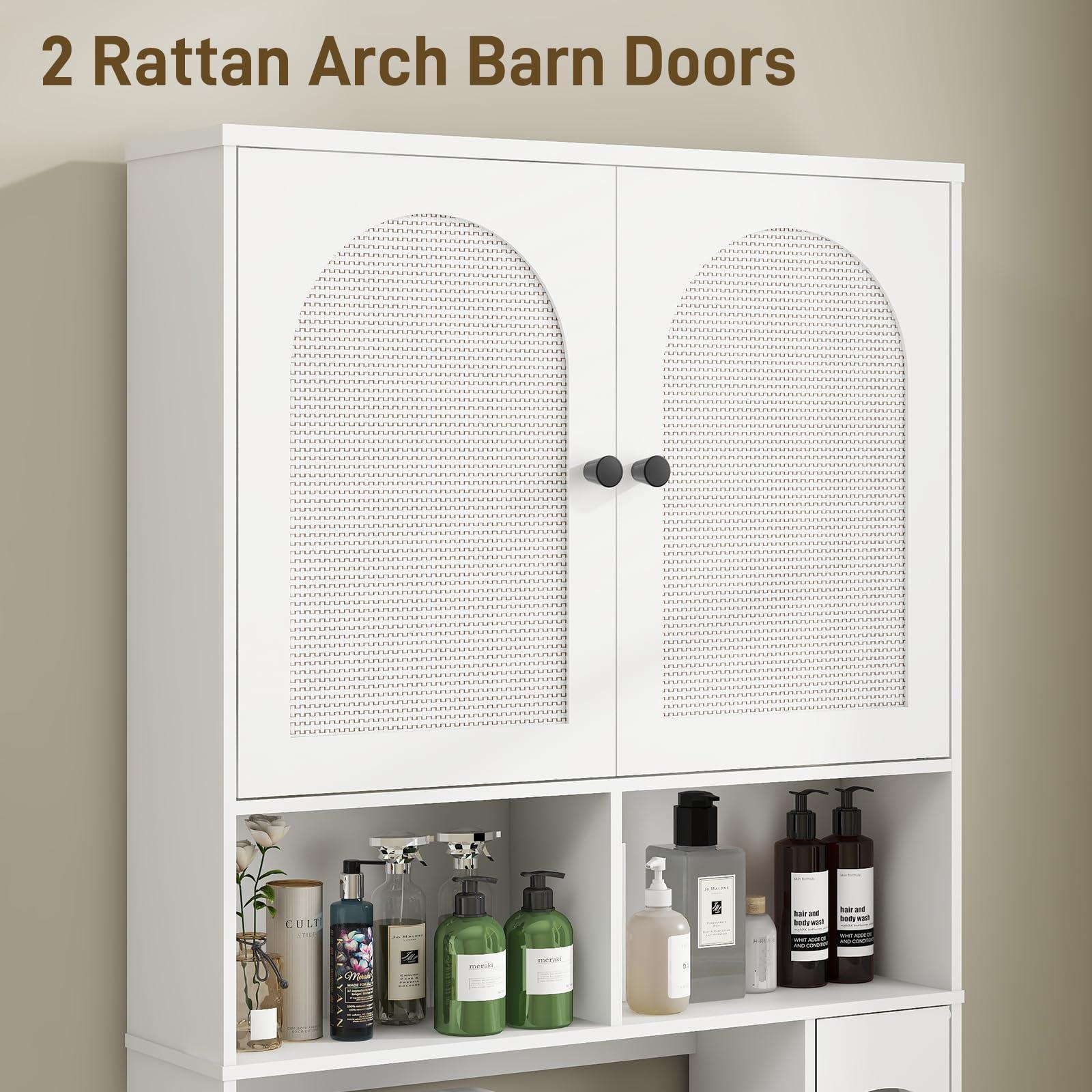 Vabches Over The Toilet Storage Cabinet, Rattan Storage Cabinet Over Toilet with 2 Doors & Toilet Paper Holder Stand, Freestanding Toilet Shelf Space Save with Anti-Tip Design Adjustable Shelf, White - Image 6