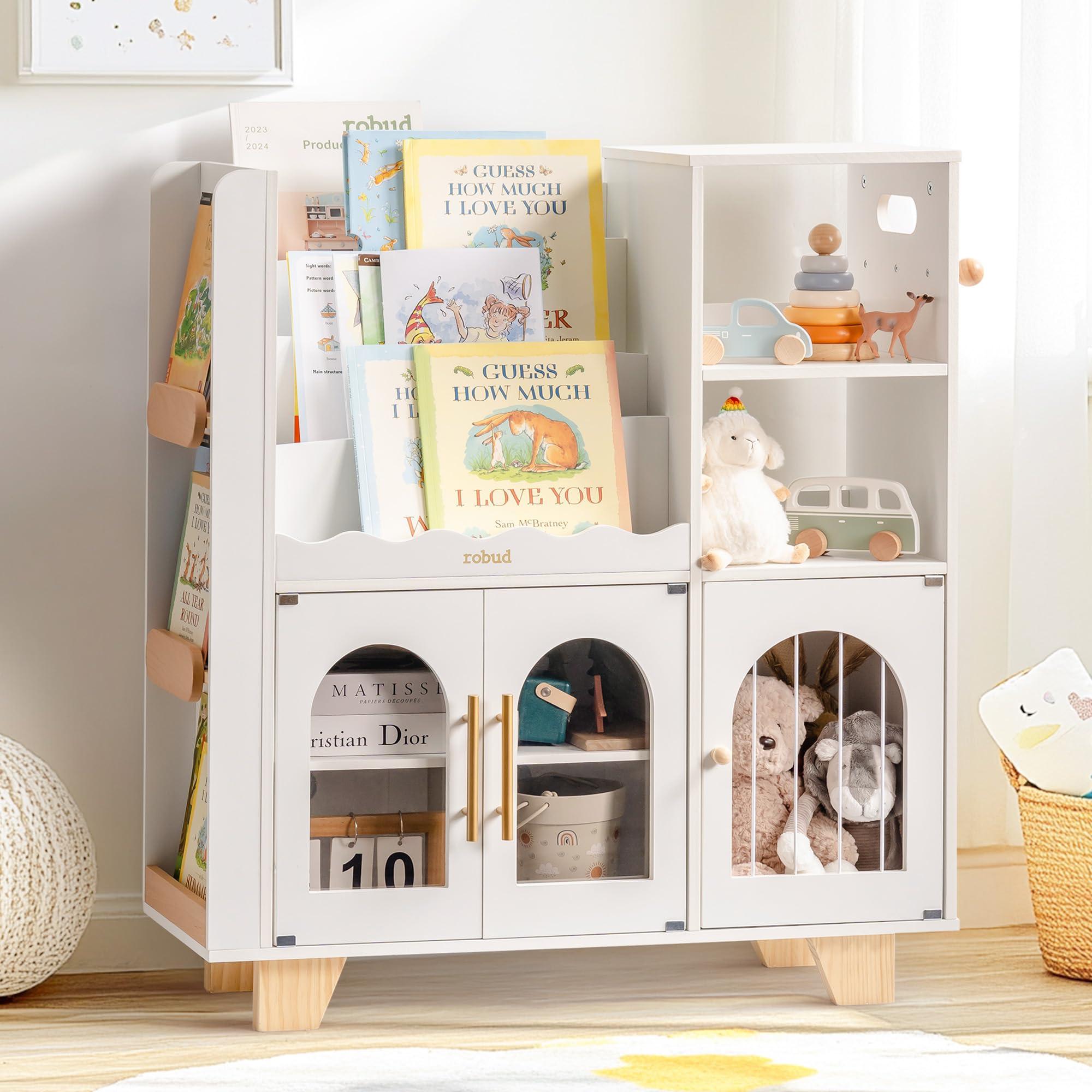 ROBUD Toy Storage Organizer, All-in-One Toy Organizers and Storage, Kids Wooden Bookshelf with 6 Storage compartments, Toy Chest Shelf Organizer for Playroom Bedroom, White