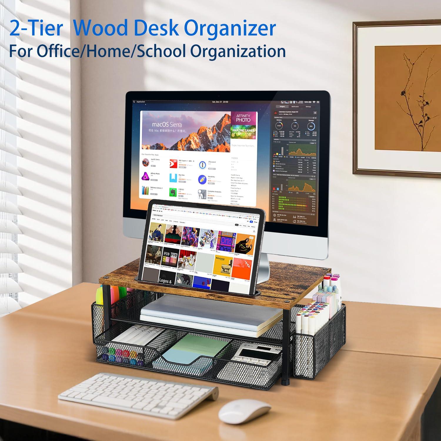 Wood Desk Organizers and Accessories, 2-Tier Computer Monitor Stand with Drawer, Pen Storage & Tablet Phone Holder, Office Desk Accessories, Workspace Desktop Organization for Office Supplies（Brown） - Image 7
