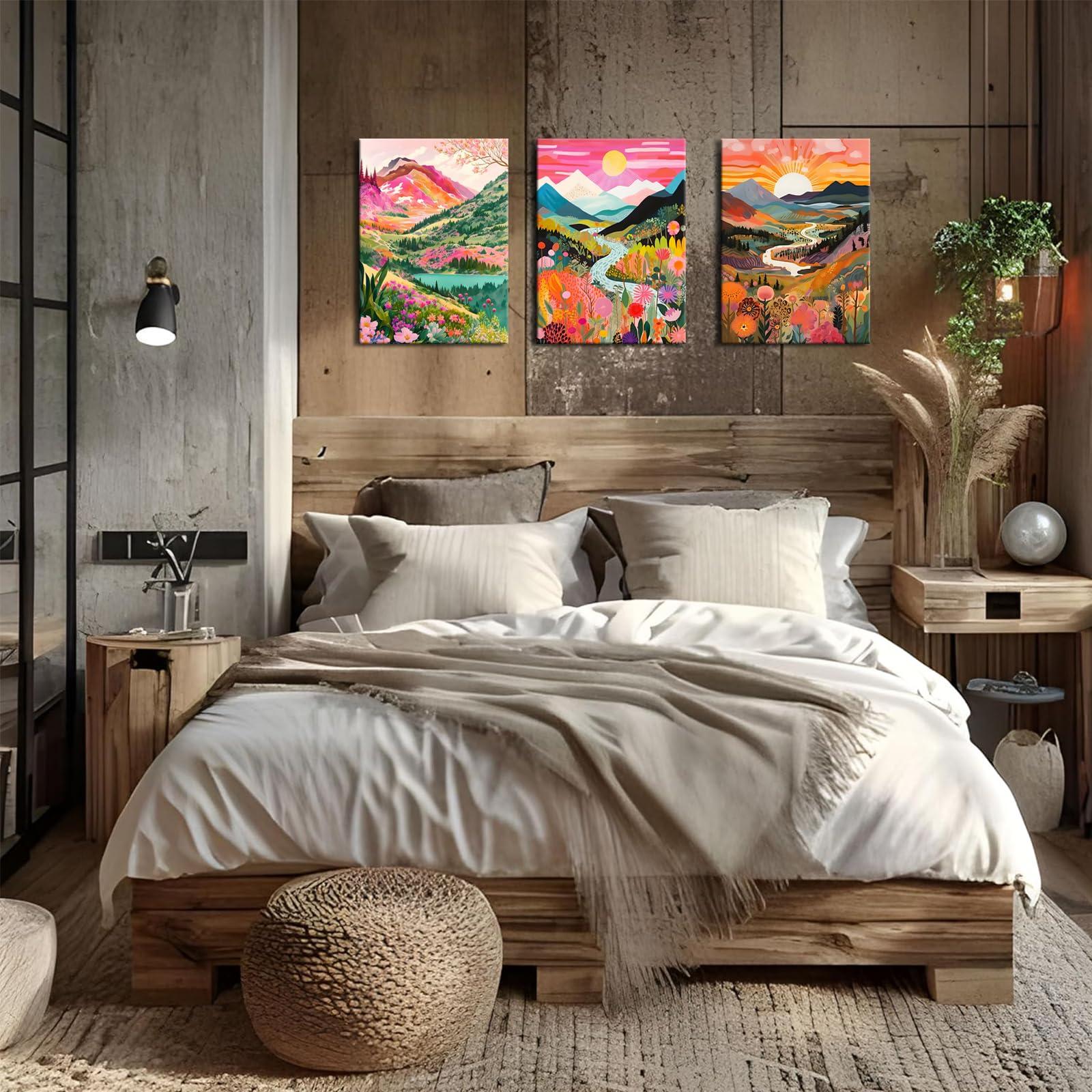 3Pcs Colorful Watercolor Mountain Canvas Wall Art Boho Floral Painting Picture Wall Decor Abstract Nature Landscape Poster Print Artwork for Living Room Bedroom Bathroom Office Home Decoration - Image 2