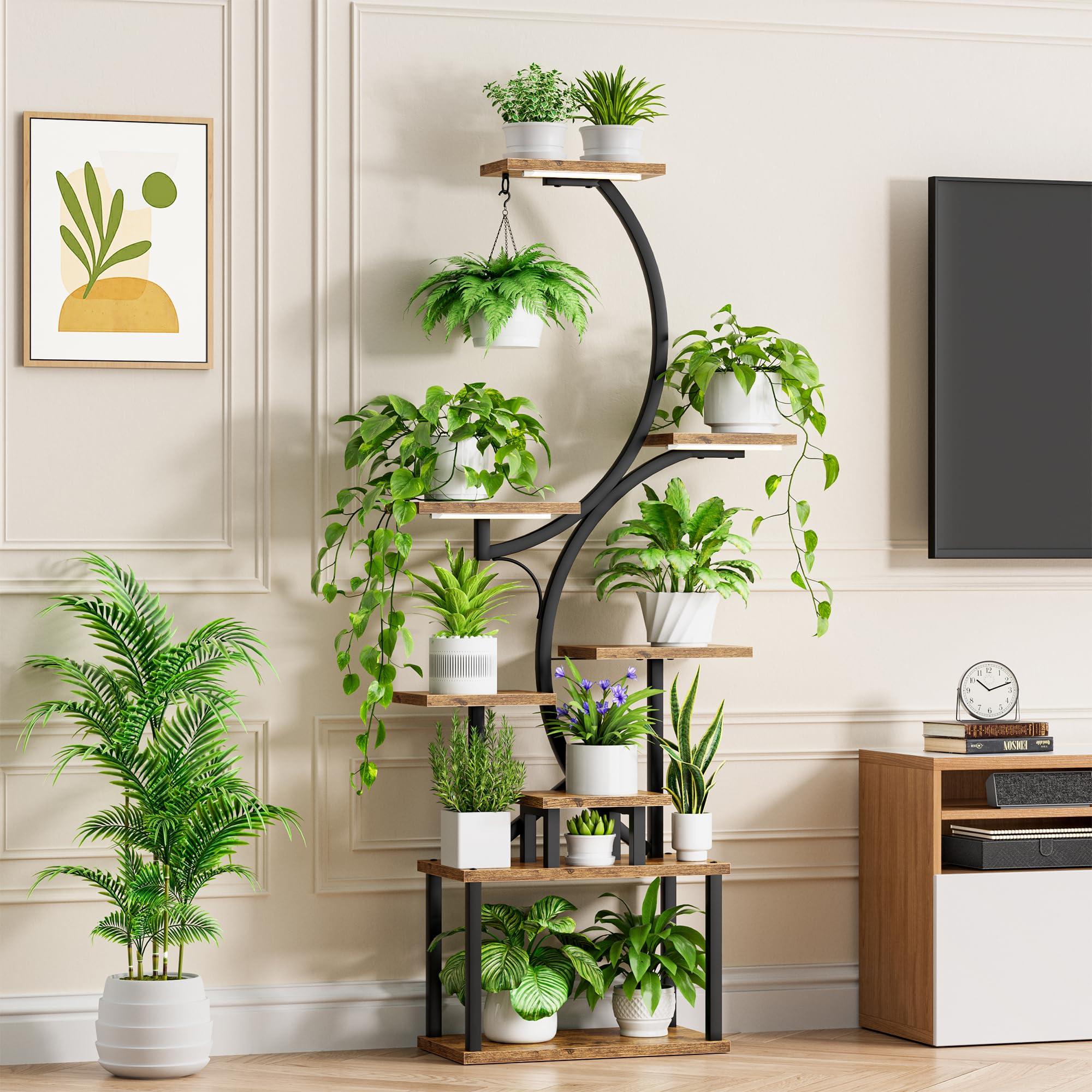 Plant Stand Indoor with Grow Lights - 62" Tall Plant Shelf, Lighted Corner Plant Stands for Indoor Growing, 8 Tiered Large Flower Holder, S-Shaped Decorative Rack for Living Room, Black, Patent Design - Image 9