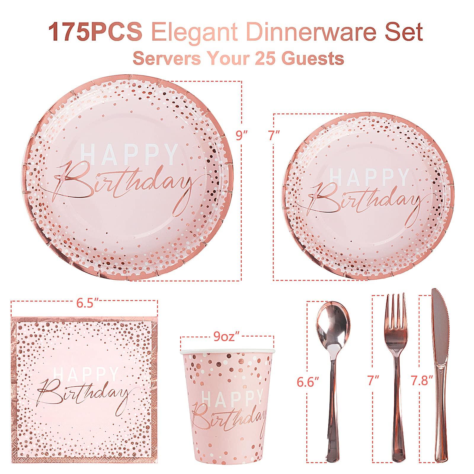 175PCS Happy Birthday Plates and Napkins Party Supplies, Paper Pink and Rose Gold Plastic Forks Knives Spoons Serve 25 Guests for Girl Women - Image 3