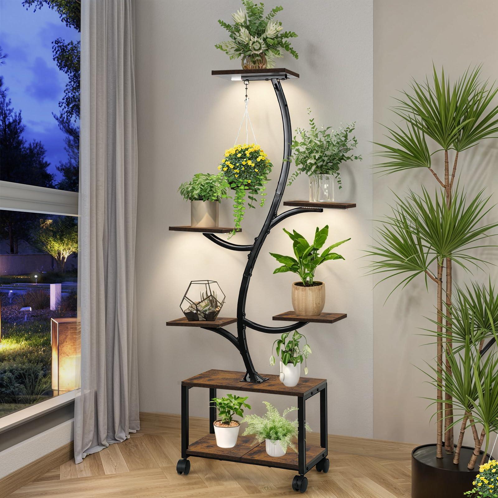 Plant Stand Indoor with Grow Lights, 62" Plant Stand with Locking Wheels, 7 Tiered Plant Shelf Adjustable Brightness with Remote Control, Metal Tall Plant Flower Holde for Living Room, Patio (Brown) - Image 7