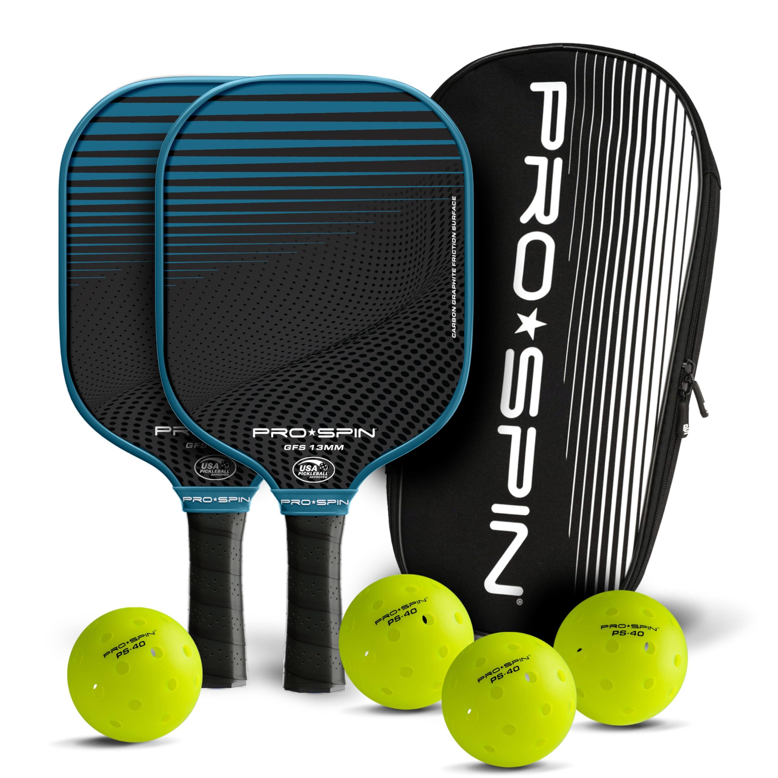 PRO SPIN Pickleball Paddles - Set of 2 USAPA-Approved Graphite Carbon Pickle Ball Paddles, 4 High-Performance Pickleball Balls, Durable Bag for Rackets & Balls - Great Gift