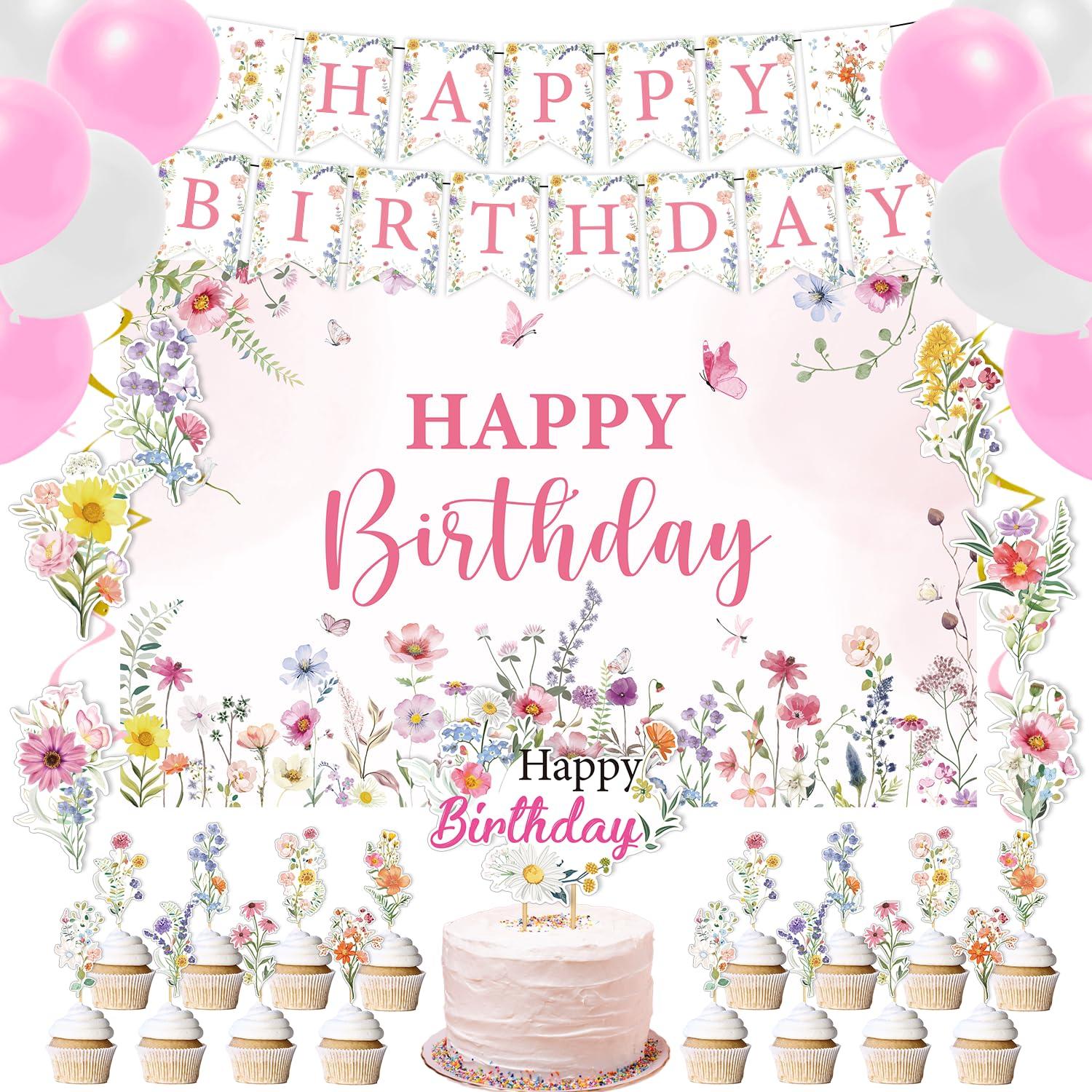 Rngmsi Flower Birthday Decorations Set - 42PCS Wildflower Floral Birthday Decor Party Supplies for Girls Women Happy Birthday Banners Balloons Backdrop Hanging Swirls Cake Topper Cupcake Toppers