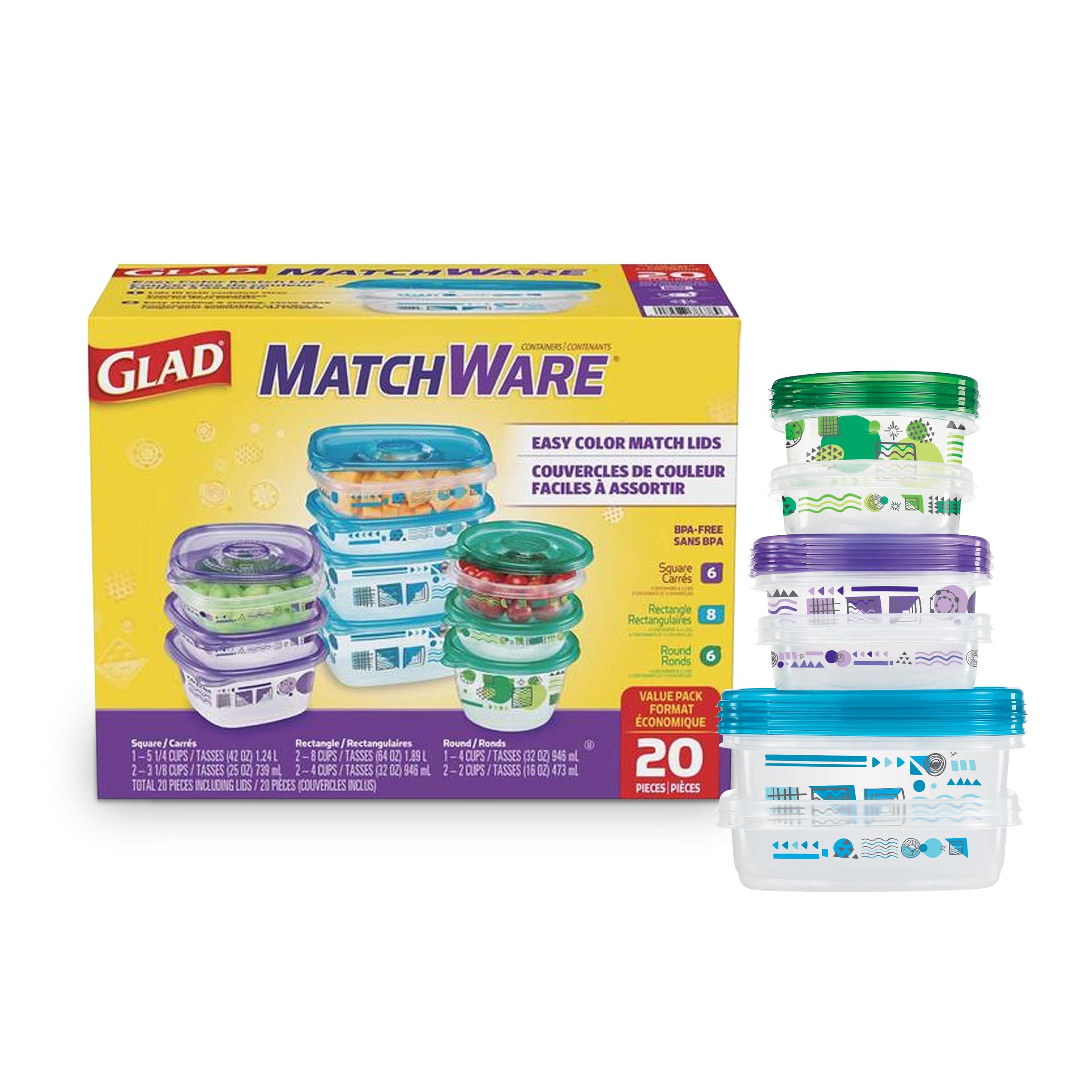 GladWare Matchware Food Storage Containers, 20 pc Value Pack Rainbow Kitchen Storage Containers | Glad Lock Tight Seal, BPA Free Lunch Containers, Glad Plastic Food Containers with Lids