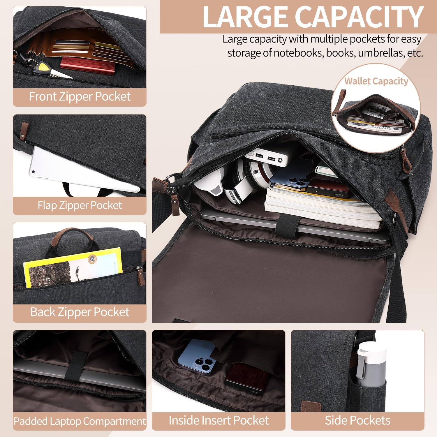 Nerlion Messenger Bag for Men 17-17.3 Inch Laptop Bag Canvas Water-resistant Computer Bag Shoulder Bag Work Briefcase Bookbag for College (Dark Gray) - Image 4