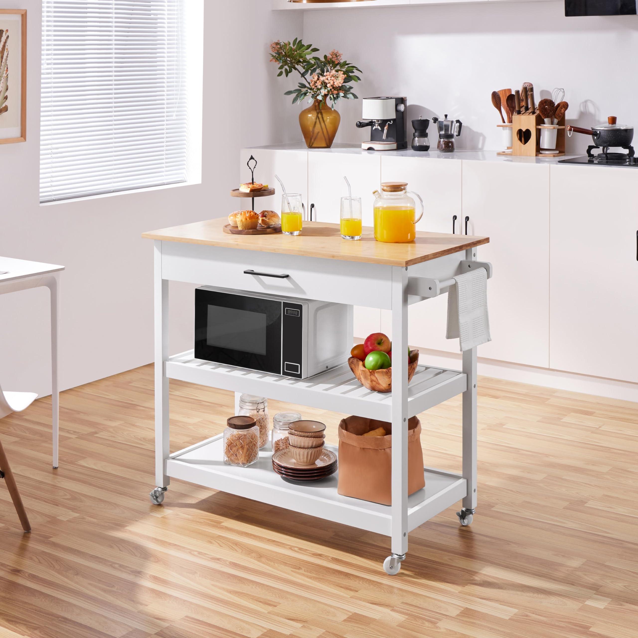 Yaheetech 40" Width Kitchen Island Cart on Wheels, 3 Tiers Rolling Utility Cart with Solid Wood Top and Drawer & 2 Spacious Storage Shelf, Serving Trolley for Dining Room, White - Image 2