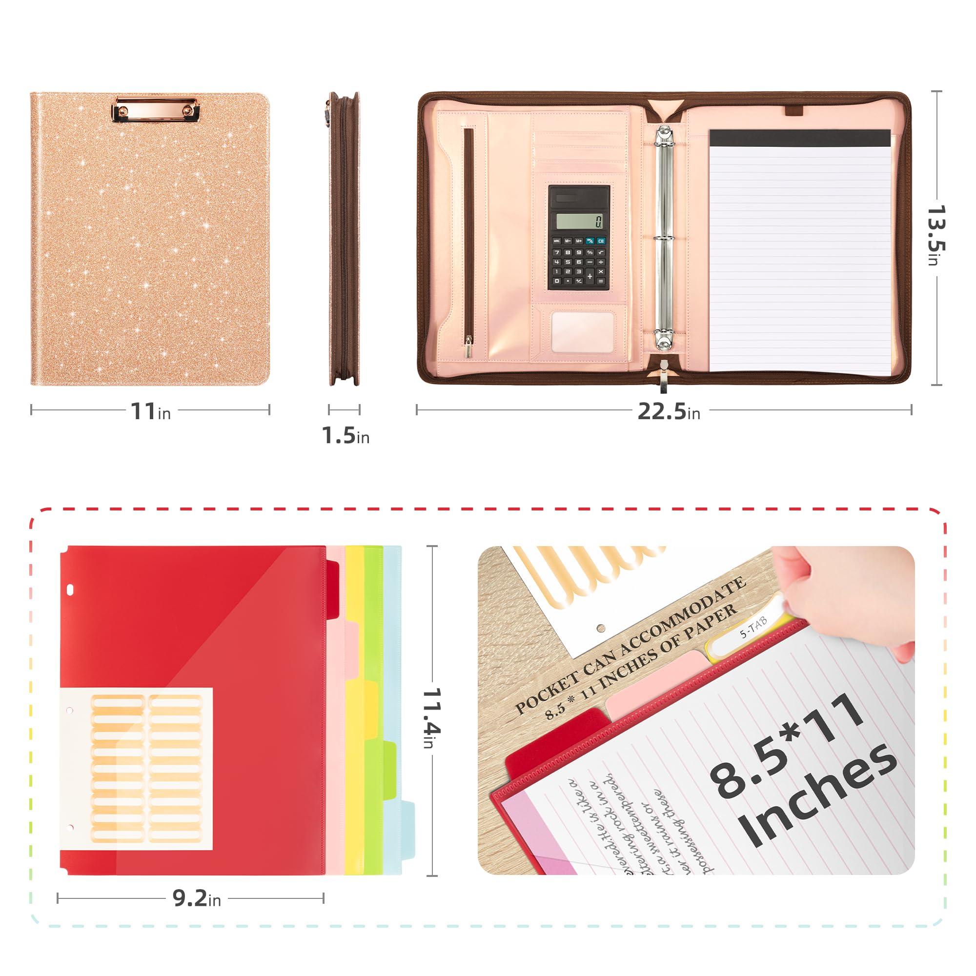 Ospelelf Clipboard with Storage, 3 Ring Binder with Zipper, Leather Padfolio Portfolio Folder, Calculator, 12.1” Tablet Sleeve, 5 Dividers with Pocket|Refillable Notepad, Card Slot (Rose Gold) - Image 2