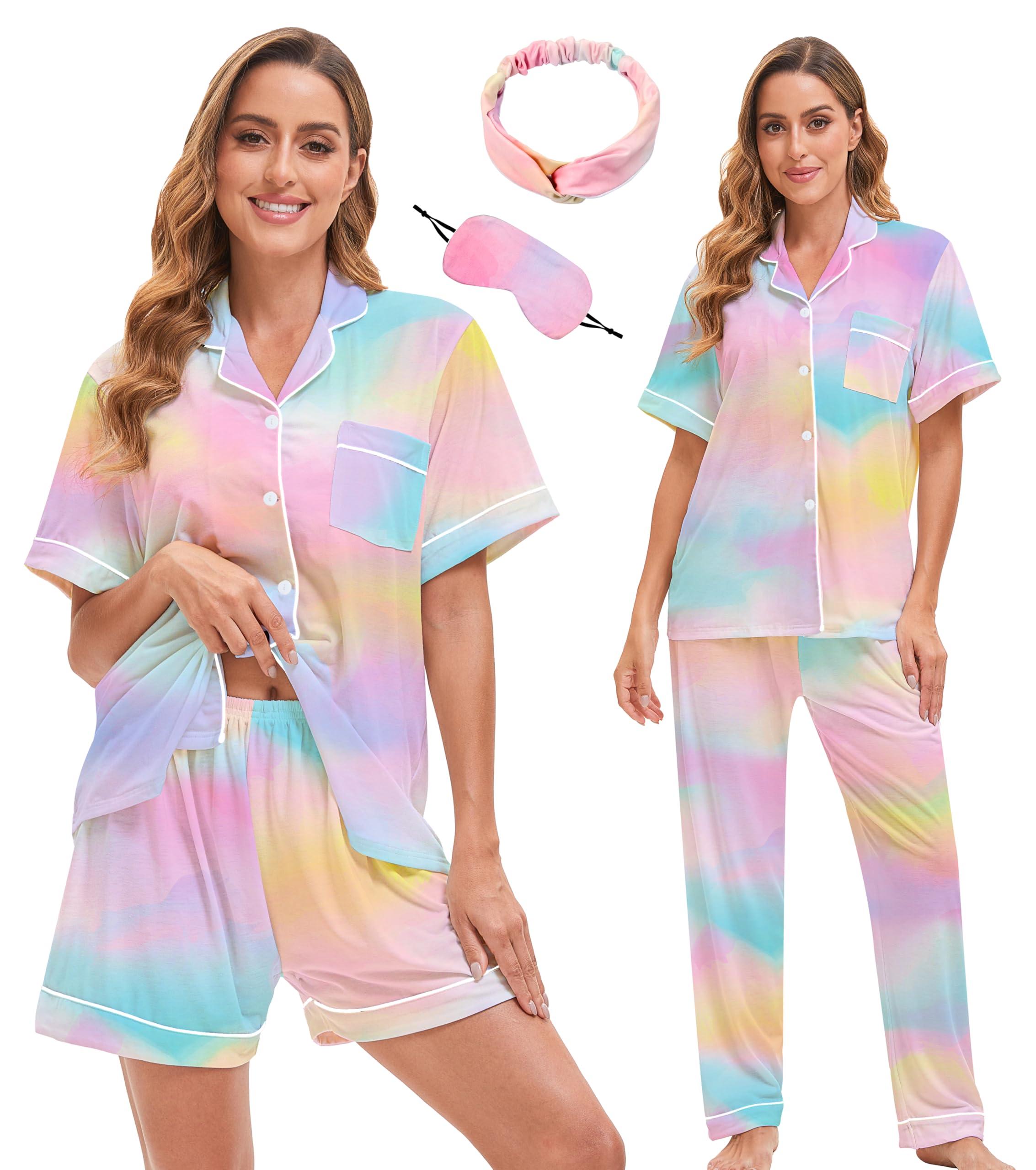 MORFORU 3 Piece Button Up Pajamas for Women Set Soft Pajama Shorts Pants Short Sleeve Pjs Sleepwear Pj Lounge Sets
