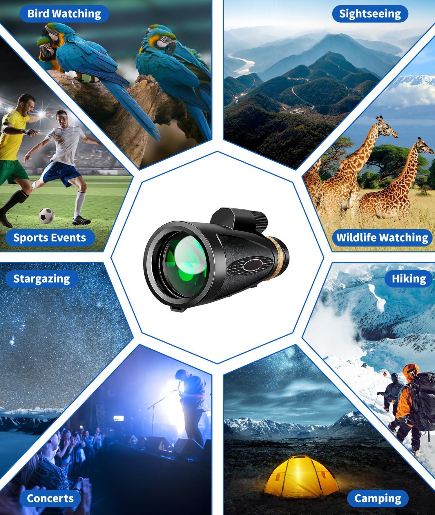 Monocular Telescope 80x100 High Power with Smartphone Adapter Tripod,Larger Vision Monoculars for Adults with BAK4 Prism & FMC Lens, Suitable for Bird Watching Hunting Hiking Camping Wildlife-Black - Image 7