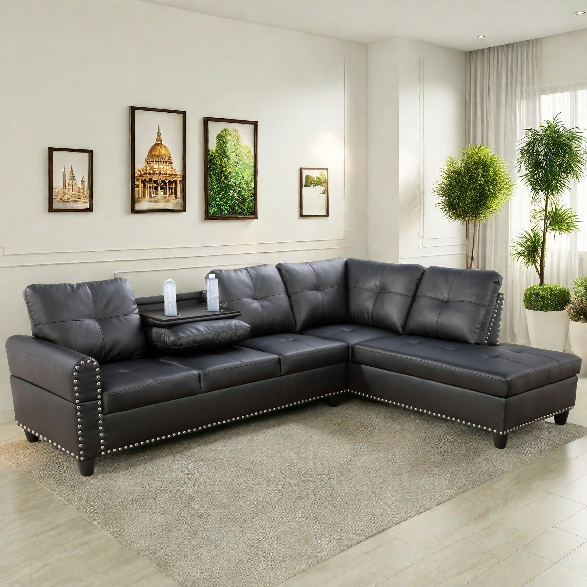 FONTOI Leather Sectional Couch Sofa, Modern Nail-Head Design L Shaped Sectional Sofa for Living Room, 4 Seat L Couch with Cup Holder for Bedroom, Black ZA - Image 3