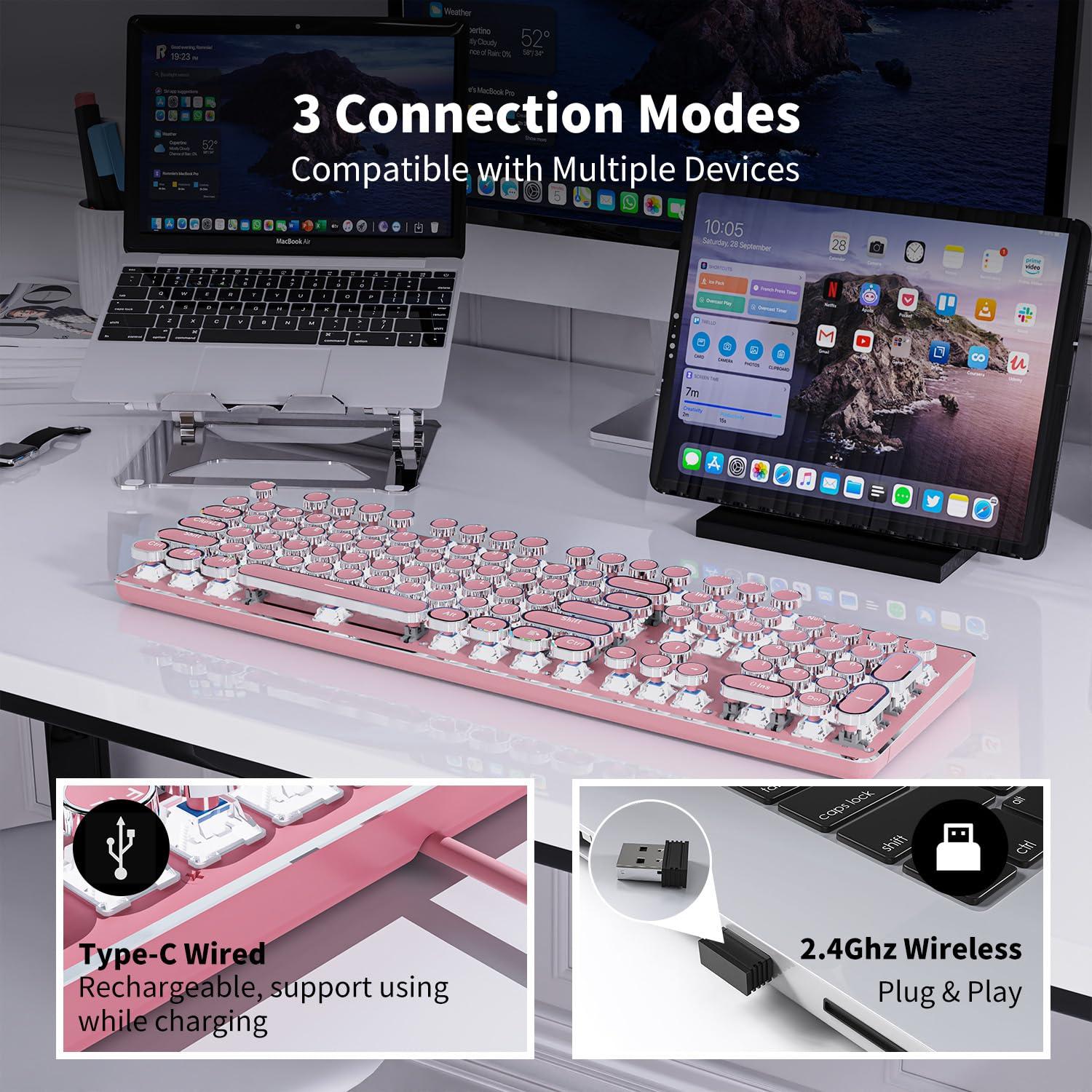 TK950 Wireless Typewriter Keyboard and Mouse Combo, 104 Keys Retro Typewriter Mechanical Keyboard with White Backlit, Anti-Ghosting, Blue Switch, Bluetooth/2.4G/Wired Cute Gaming Keyboards-Pink - Image 3