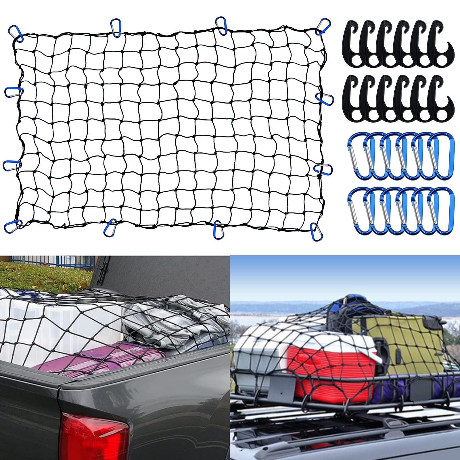 Funmit 4 x 6 Ft Cargo Net for Roof Basket and Pickup Bed, Nice Elasticity Stretches to 8 x 12 Ft with 24 Carabiners, Bungee Cargo Netting Design for Most Car Models