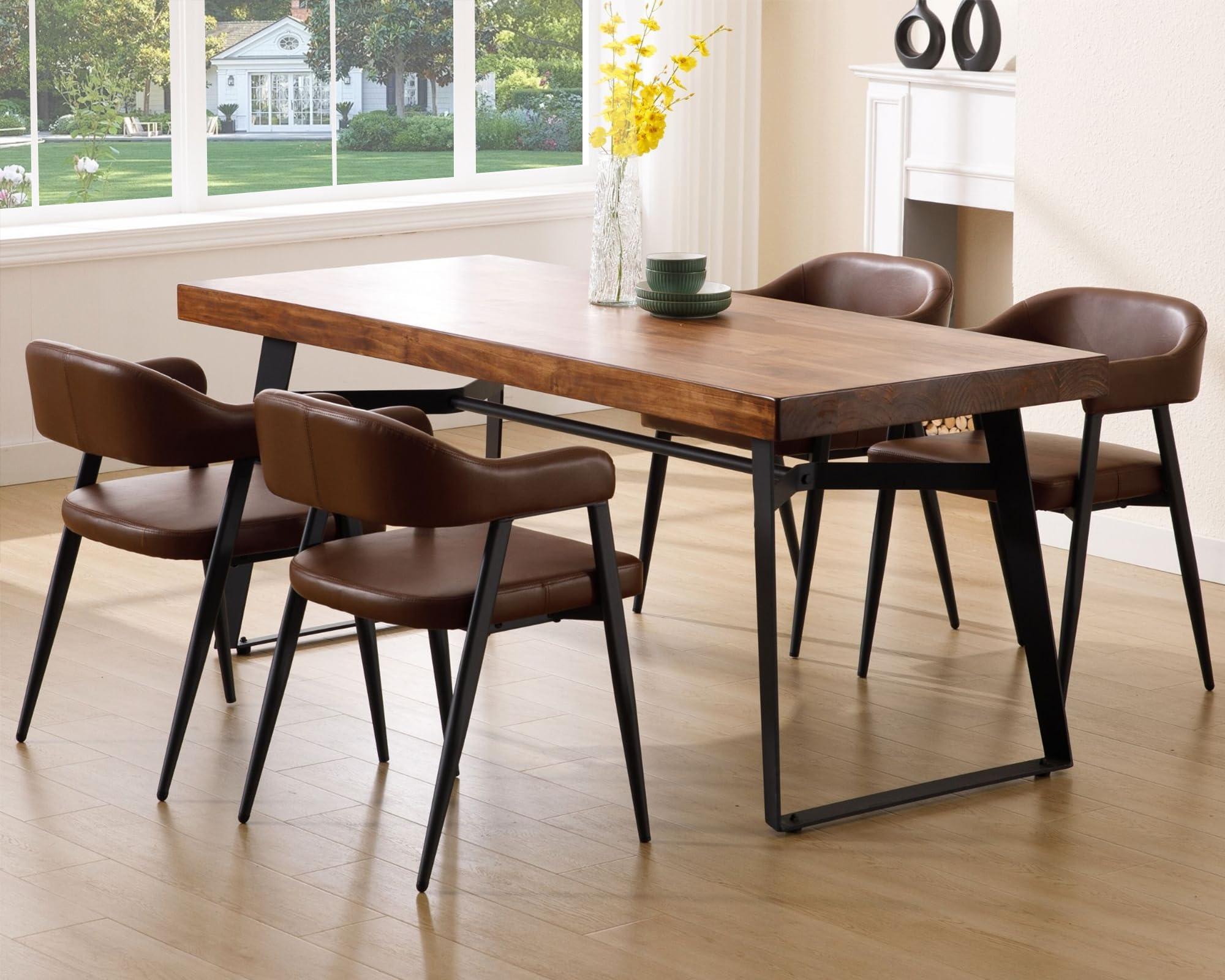 HNY Modern Dining Room Arm Chairs Set of 4, Retro Faux Leather Upholstered Barrel Dining Chairs with Arms Mid-Century Brown Accent Chair with Metal Legs, Open-Back Kitchen Side Chair for Living Room