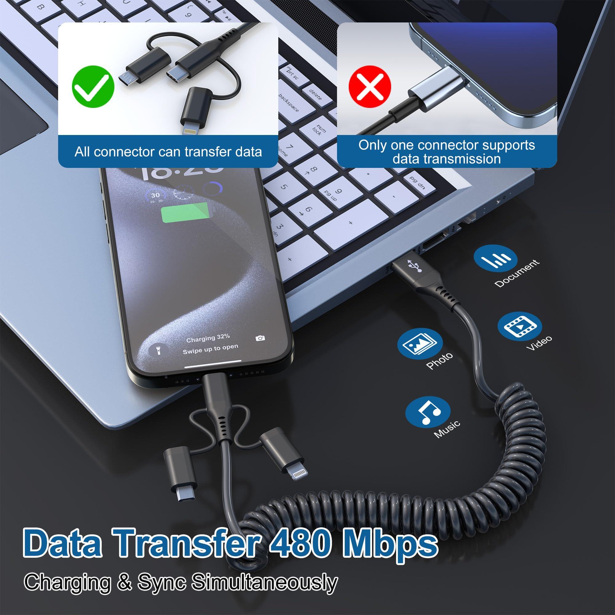 Coiled Multi Charging Cable 3-in-1,USB to Lightning/Type C/Micro USB Phone Car Charger Cord,Compatible Apple Carplay & Android Auto,MFi Certified & Data Sync for iPhone 16 15 14 13 Android Samsung - Image 6