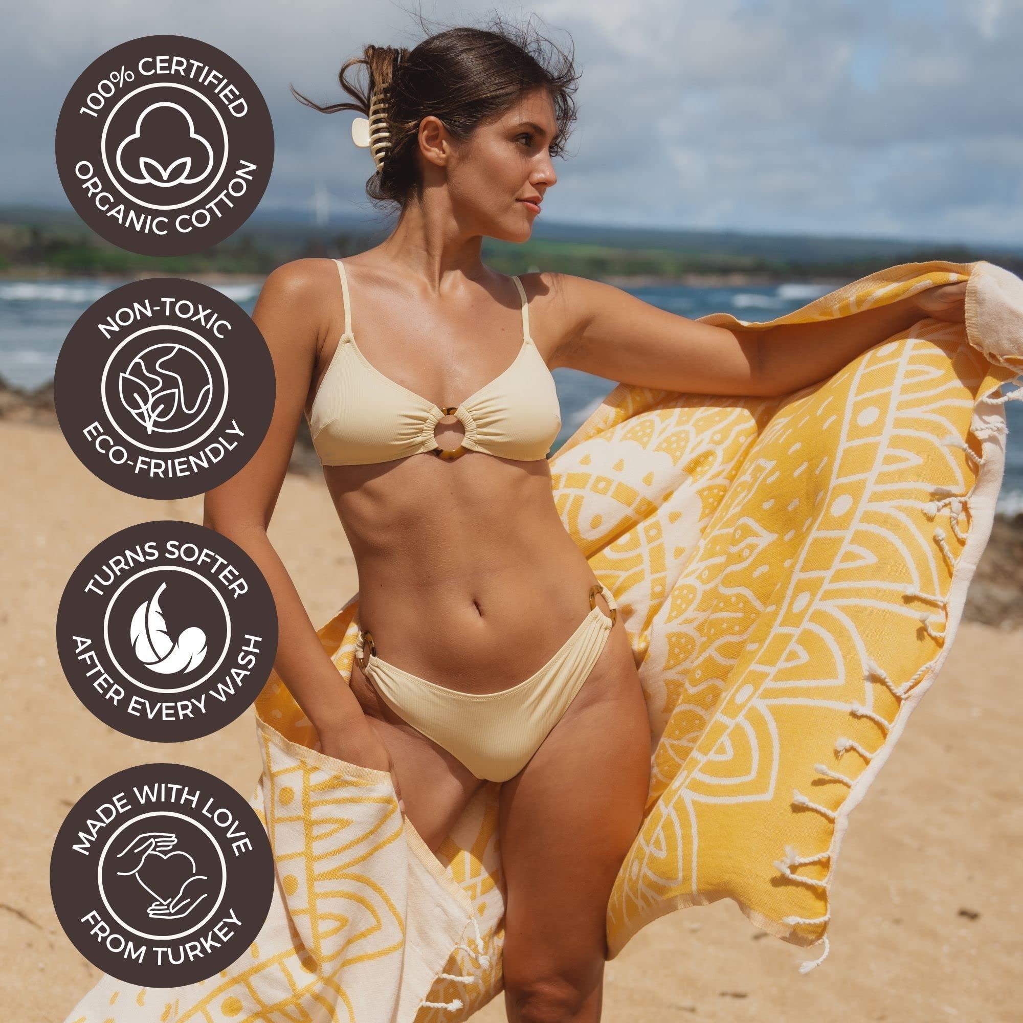 FESHKA Sand Free Turkish Beach Towel (37 x 67) Quick Dry Bath Towel, Oversized Beach Blanket, Lightweight for Travel - Made with 100% Organic Turkish Cotton - Sunflower (Yellow) - Image 6