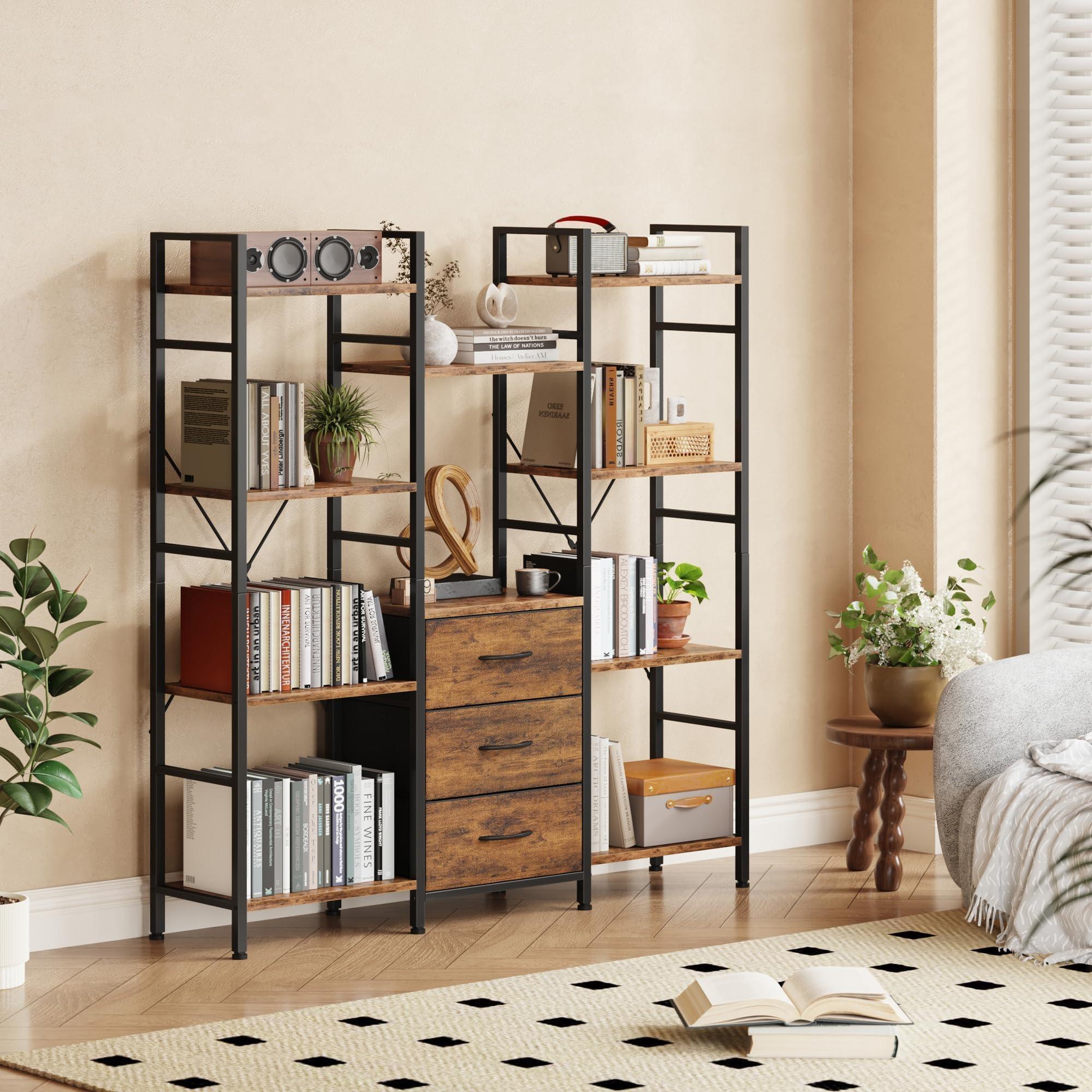 AFLUI Triple Bookshelf with 3 Fabric Drawers, 4-Tier Book Shelf and 10 Display Shelves, Industrial Large Bookcase for Home & Office, Rustic Brown, 47'' Wide - Image 2
