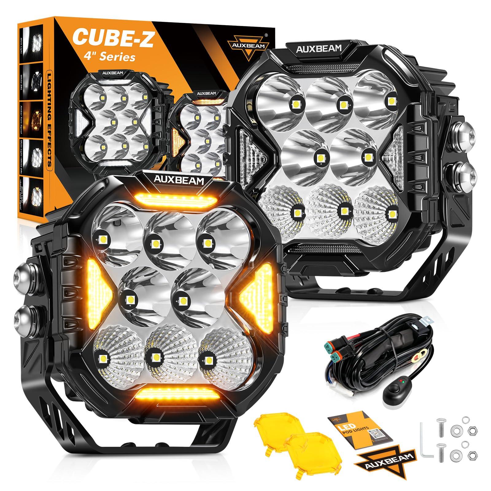 Auxbeam 4 Inch LED Driving Pod Light, Cube-Z Series 112W Cube Spot Flood Combo Beam with Amber Covers, 150° Ultra-Wide Offroad Pods 12800LM Hyper Bright with White DRL&Amber Turn Signal Light, Pair