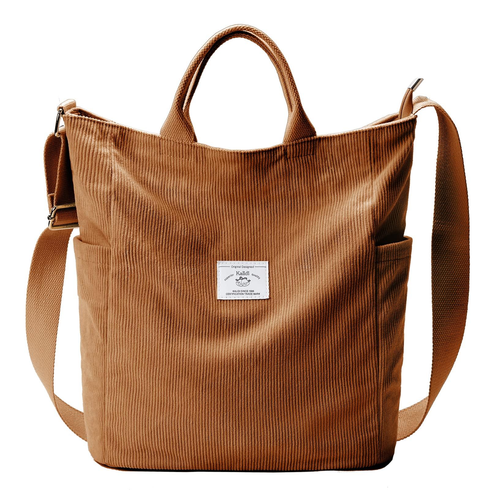KALIDI Corduroy Tote Bag, Large Messenger Bag Shoulder Hobo Anti Splash Crossbody Zipper Bag Casual Work Shopping Women
