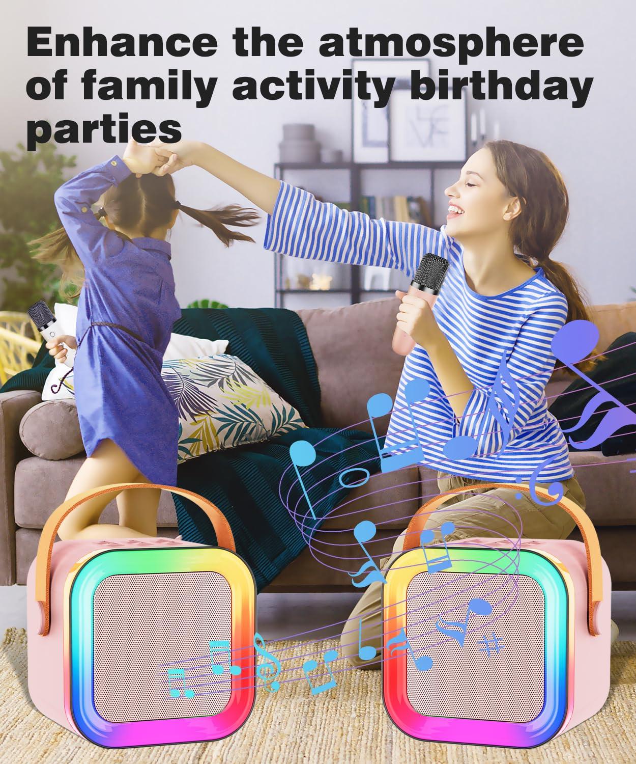 Mini Karaoke Machine Speaker for Kids Adults,Portable Bluetooth with 2 Wireless Microphones,Christmas Birthday Gifts Toys Girls Boys Ages 4, 5, 6,7, 8,9,10,11,12+ Years Old Toddler (Pink - 2 Mic) - Image 6