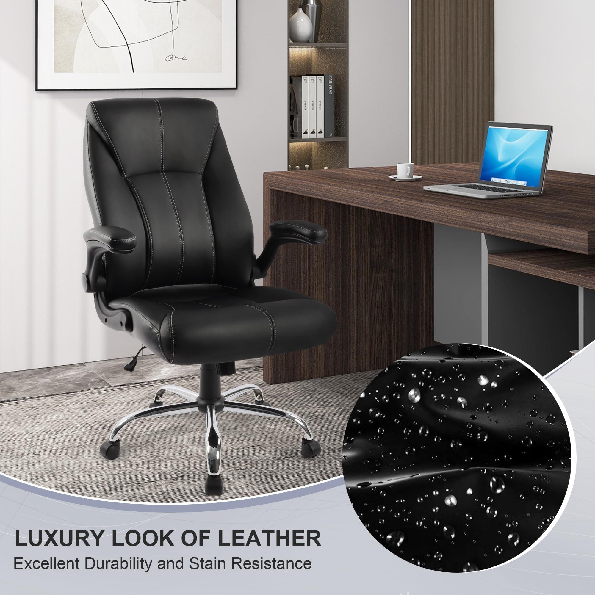 Big and Tall Office Chair 400lbs, Ergonomic High Back Executive Computer Chair for Heavy People, Heavy Duty Desk Chair with Adjustable Flip-up Armrests, Quiet Rubber Wheels&Lumbar Support, PU Leather - Image 3