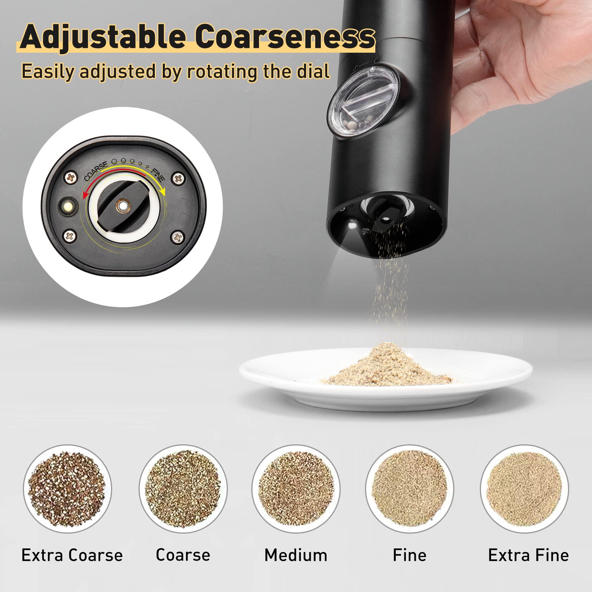 Electric Pepper Grinder or Salt Mill, Battery Powered Automatic Pepper Mill, Ceramic Grinder with Adjustable Coarseness, LED Light, One Hand Operation (1 pack) - Image 5