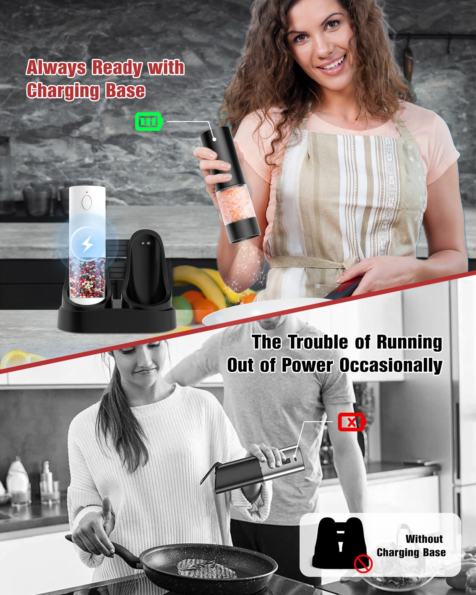Rechargeable Salt and Pepper Grinder Set, Upgraded Larger Capacity Electric Salt and Pepper Grinder Set with USB Charging Base & White LED Light, 5-Level Adjustable, One-handed Operation, 2 pack - Image 6