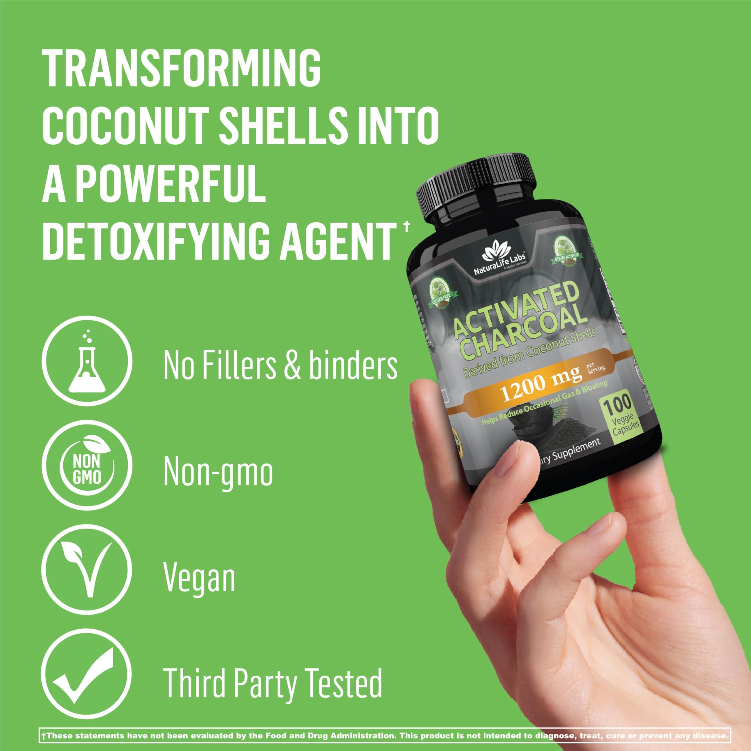 Activated Charcoal Capsules - 1,200 mg Highly Absorbent Helps Alleviate Gas & Bloating Promotes Natural detoxification Derived from Coconut Shells - per Serving - 100 Vegan Capsules - Image 4