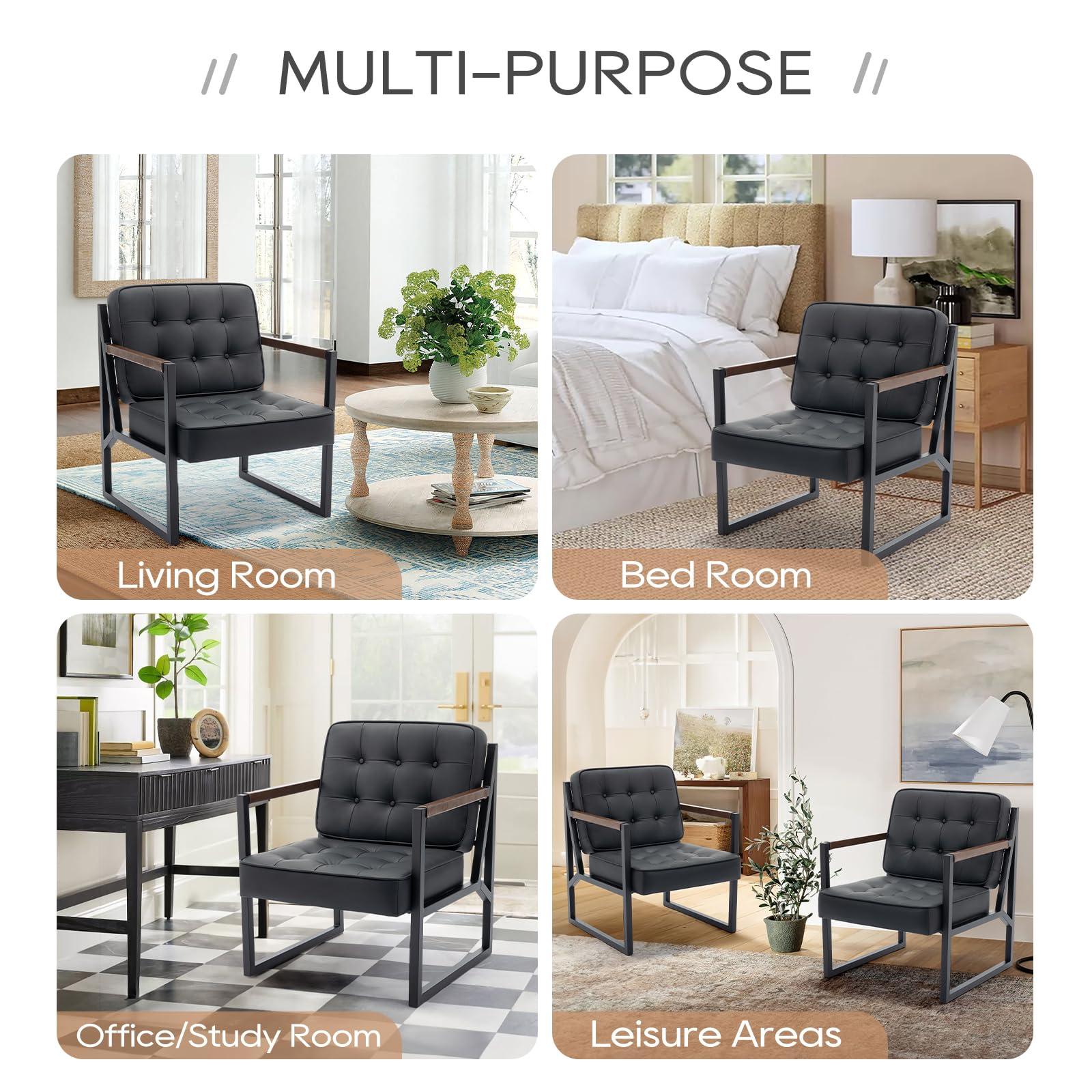 COLAMY Mid Century Modern Accent Chair Set of 2, Comfy Living Room Chair, Black Leather Accent Chair, Faux Leather Reception Armchair with Metal Legs for Living Room Bedroom Reception Office, Black - Image 7