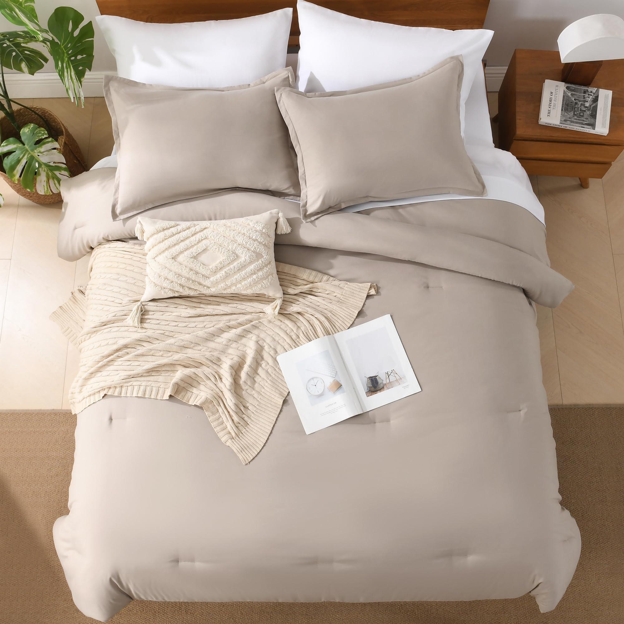 Andency Queen Comforter Set - 7 Pieces Bed in a Bag Queen Bedding Comforter Sets Oatmeal, Winter Solid Soft Lightweight Comforter with Fitted Sheets, Flat Sheets, Pillowcases & Shams - Image 3