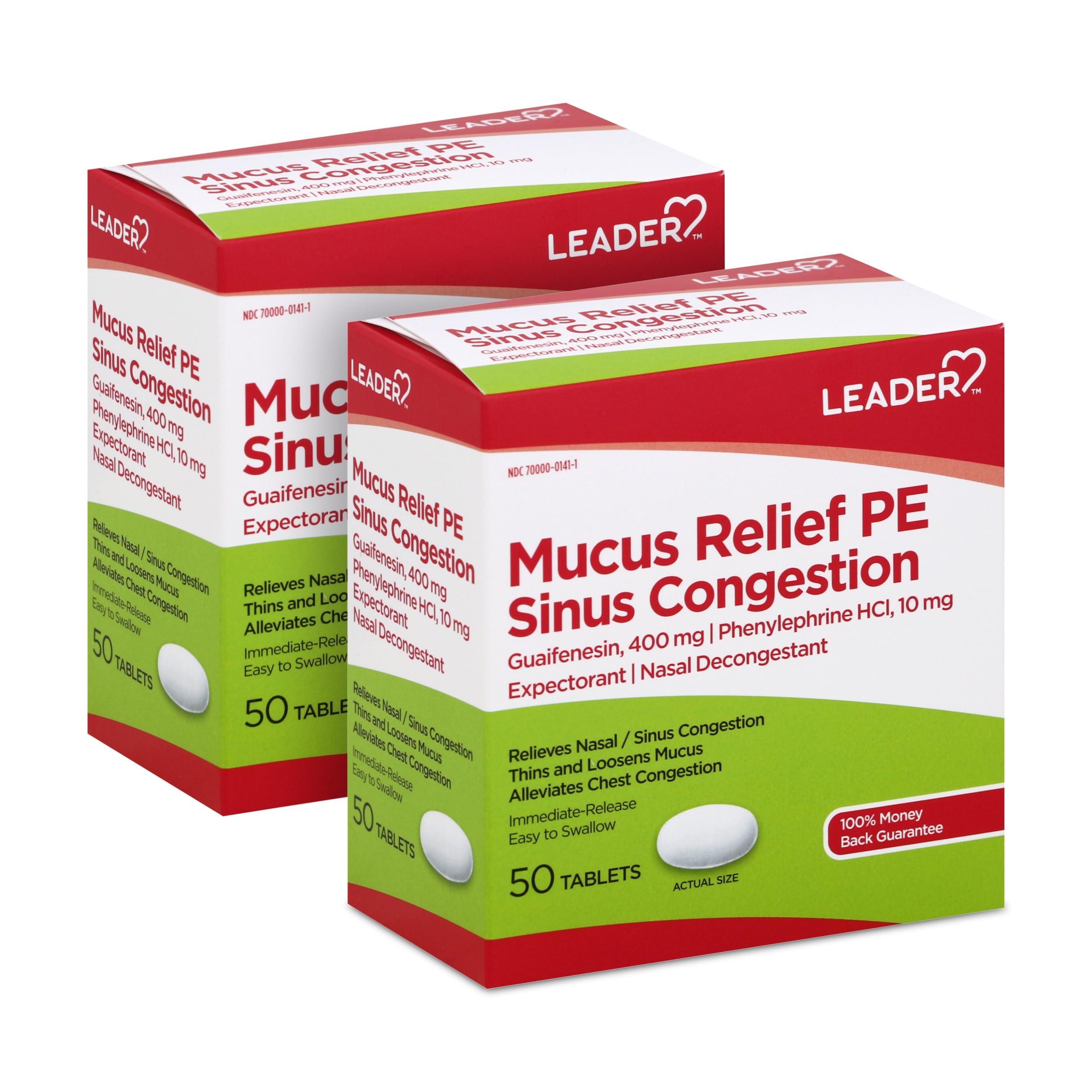 Leader Mucus Relief PE Sinus Congestion, Expectorant; Nasal Decongestant, Thins and Loosens Mucus, Immediate-Release, Alleviates Chest Congestion, 50 Tablets (Pack of 2)
