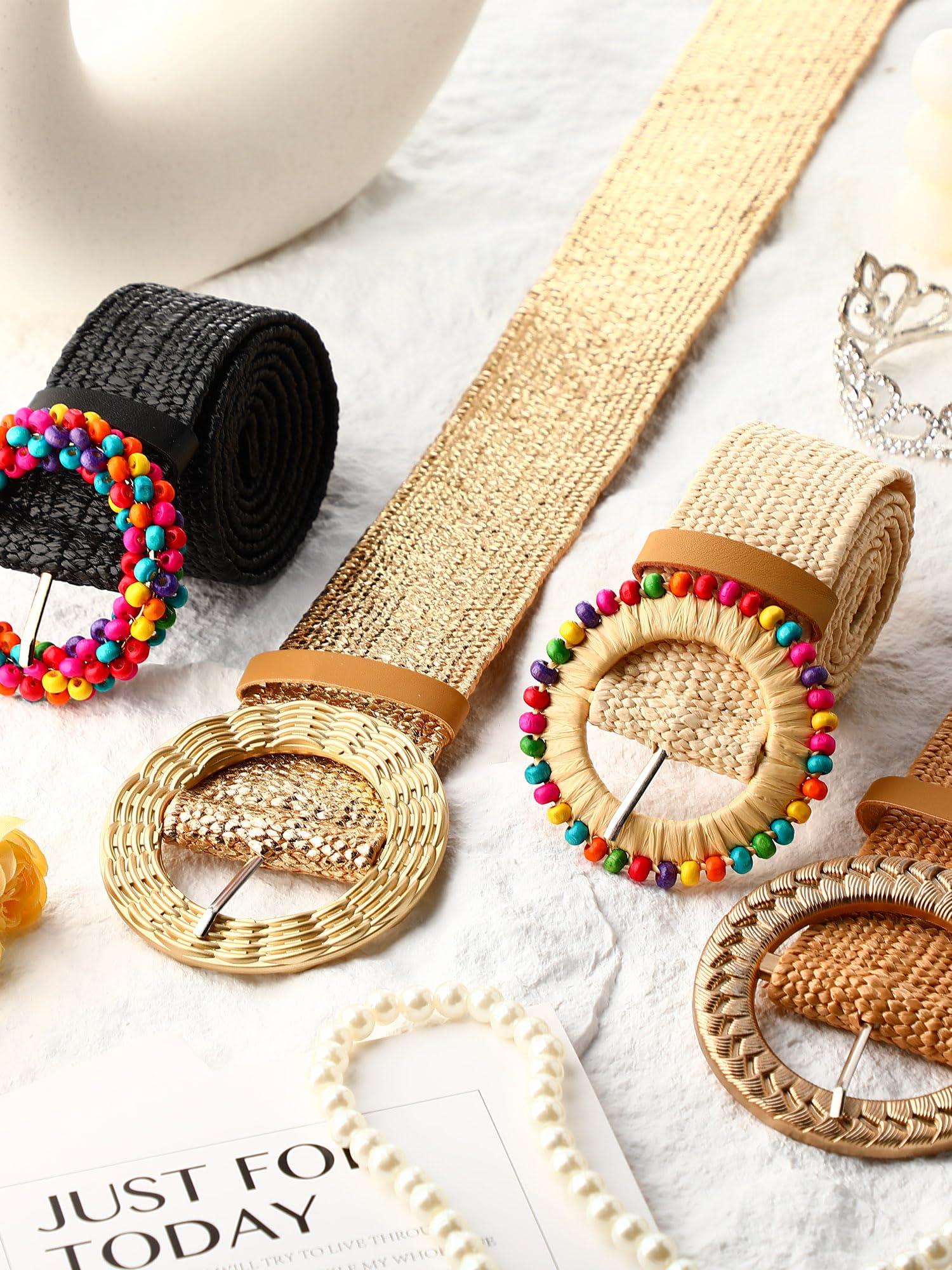 WILLBOND 4 Pcs Straw Woven Belt Elastic Stretch Rattan Buckle Waist Belt Women Skinny Raffia Dress Waist Band - Image 5