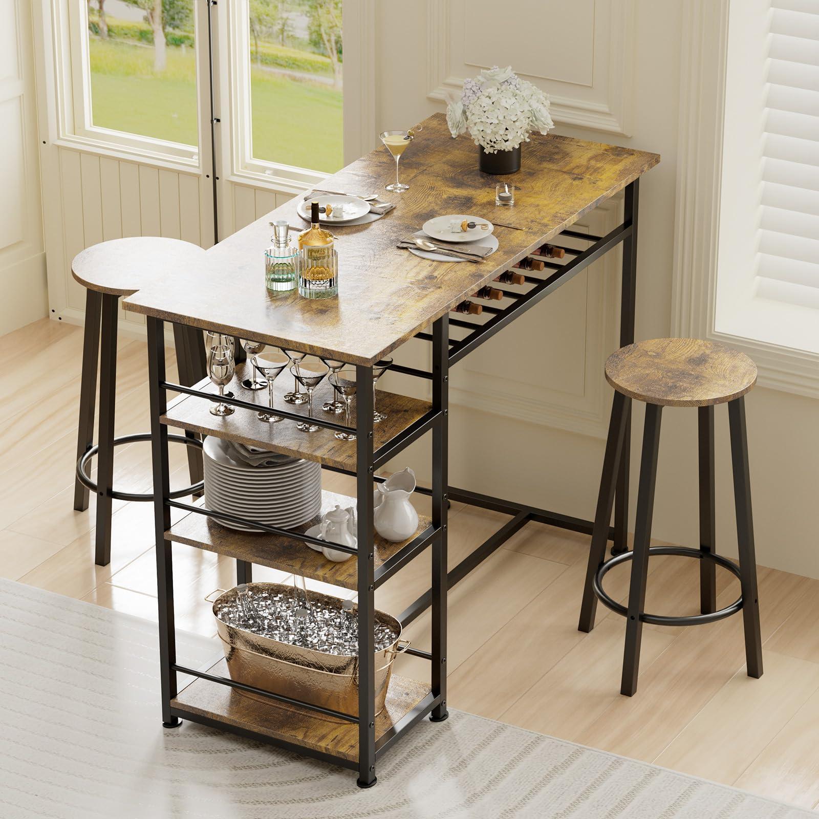 COMHOMA Dining Table Set for 2, Counter Height Kitchen Table and Chairs with Storage Shelves & Wine Rack, Bar Table Set with 2 Bar Stools, 3 Piece Dining Room Table Set for Small Space, Retro Brown - Image 2