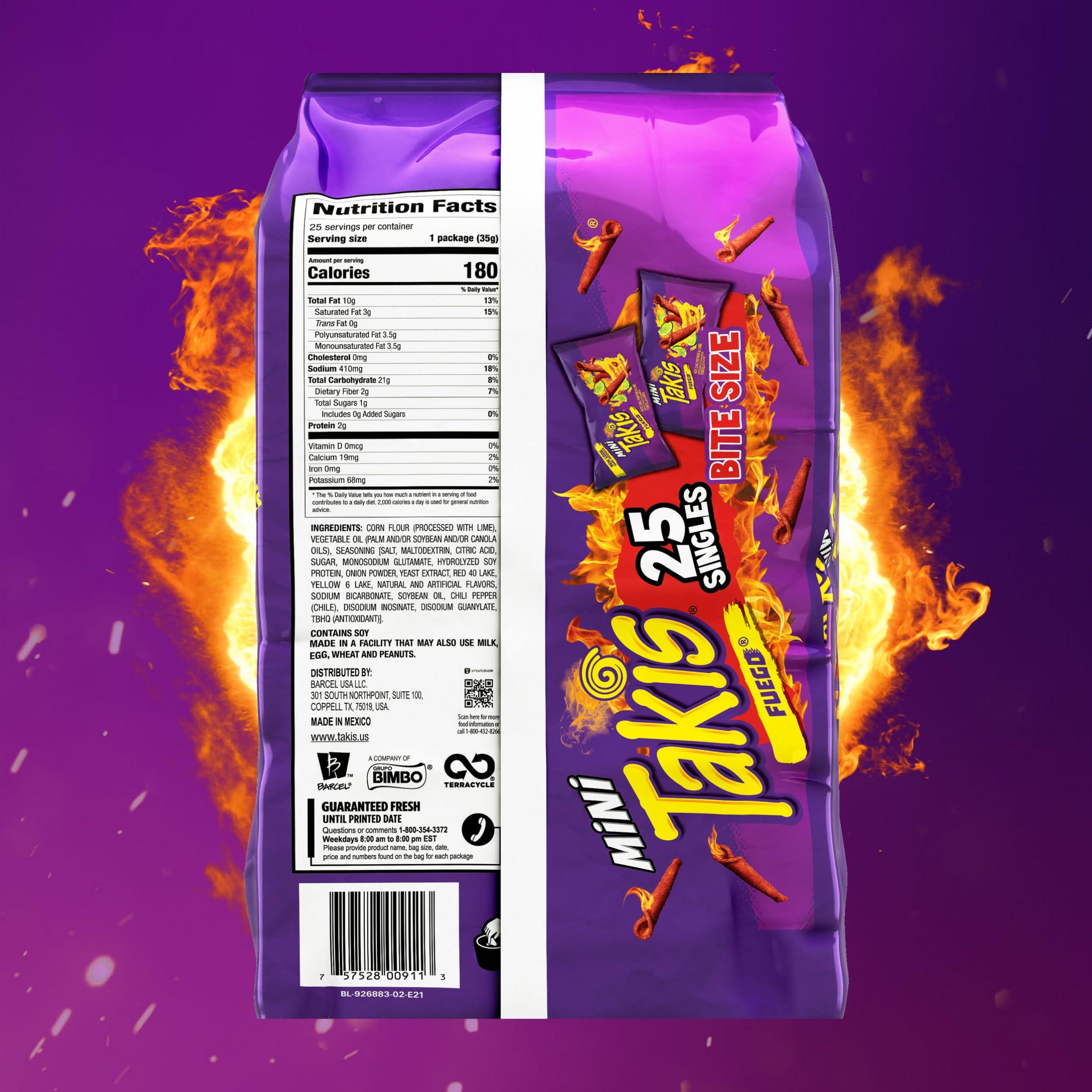 Takis Fuego Mini 25 pc / 1.23 oz Bite Size Multipack, Hot Chili Pepper & Lime Flavored Extreme Spicy Rolled Tortilla Chips - Image 2