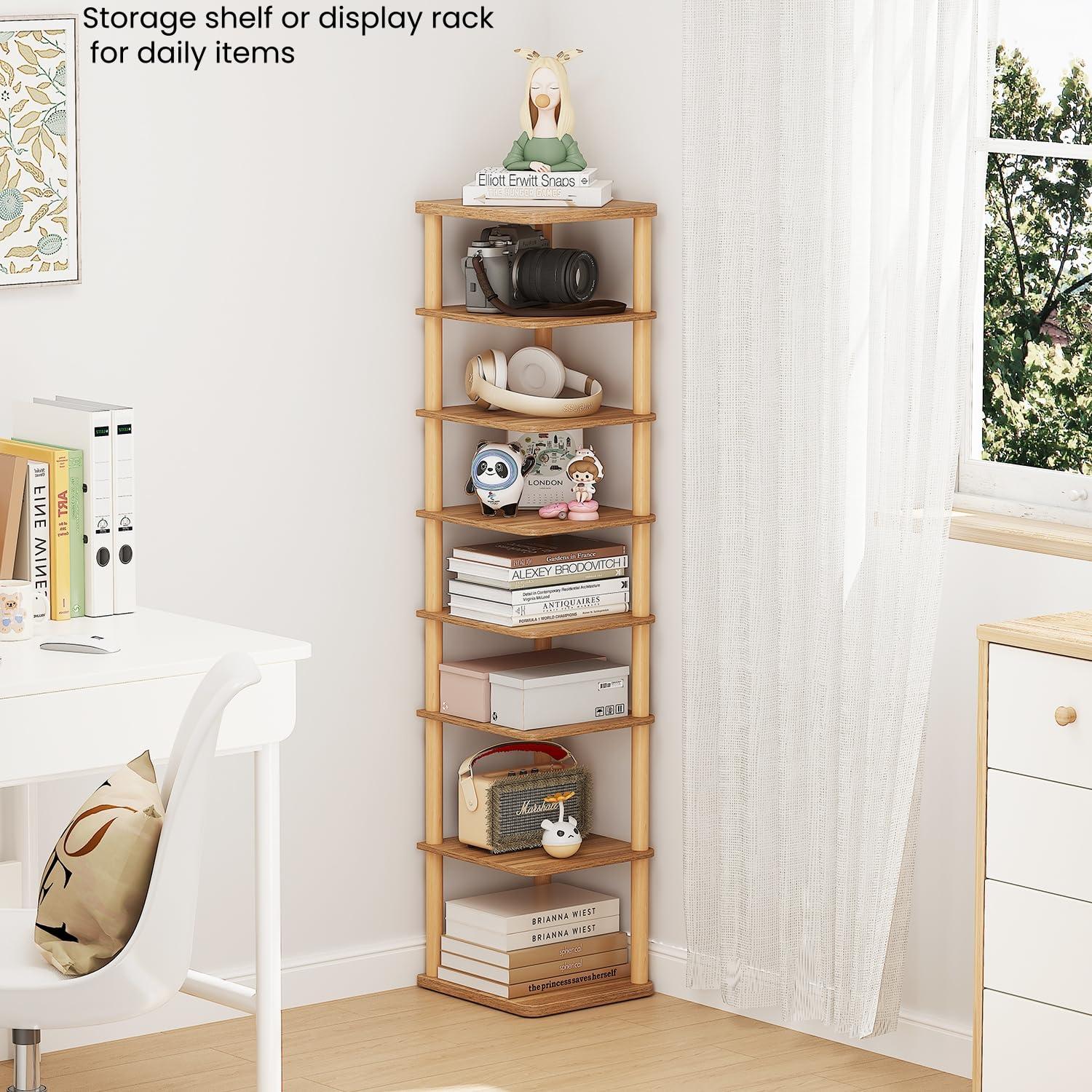 LUCKNOCK Vertical Shoe Rack, 8-Tier Tall Narrow Shoe Organizer for Entryway, Closet, Dorm & Small Spaces, Freestanding Wooden Shoe Shelf Tower for Boots, Sneakers, Heels. (Walnut) - Image 6