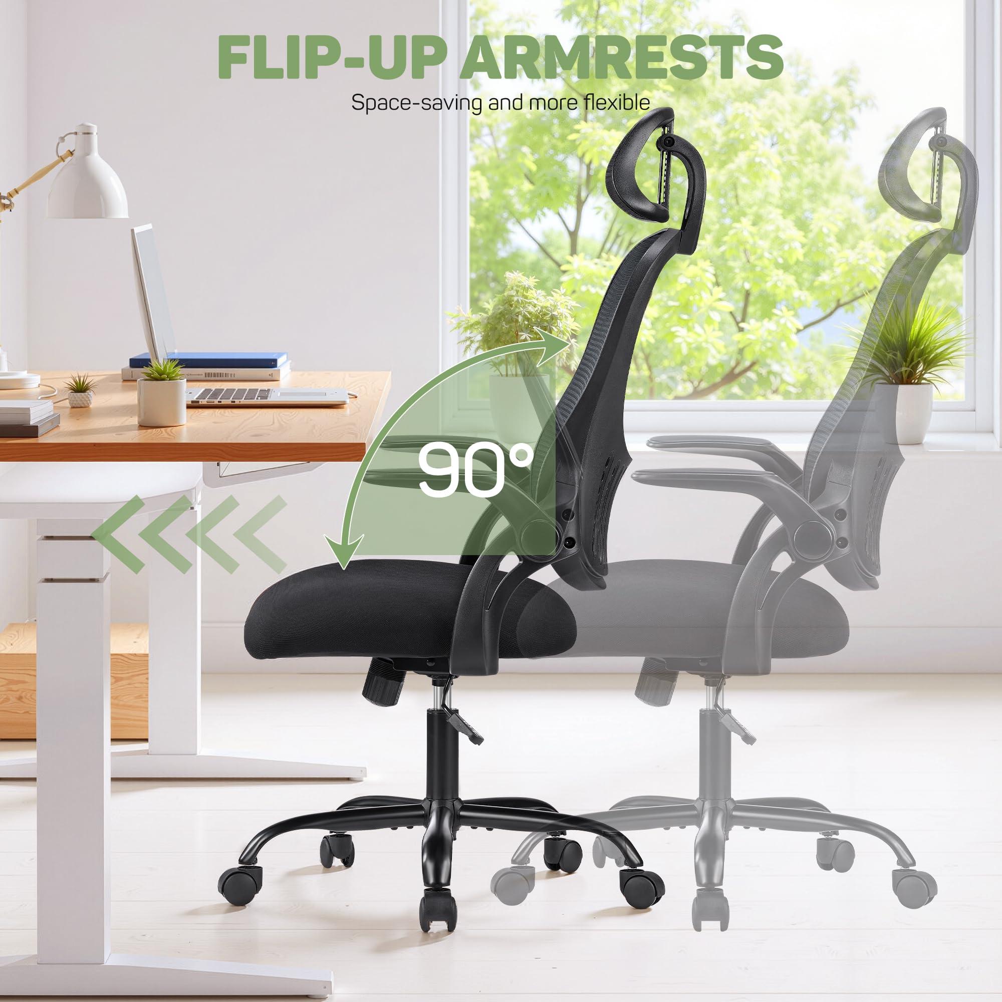Ergonomic Office Chair, High-Back Computer Desk Mesh Swivel Task Chairs with Flip-up Armrest Adjustable Headrests, Comfortable Lumbar Support Rolling Wheels, for Home, Work, Study, Black - Image 6
