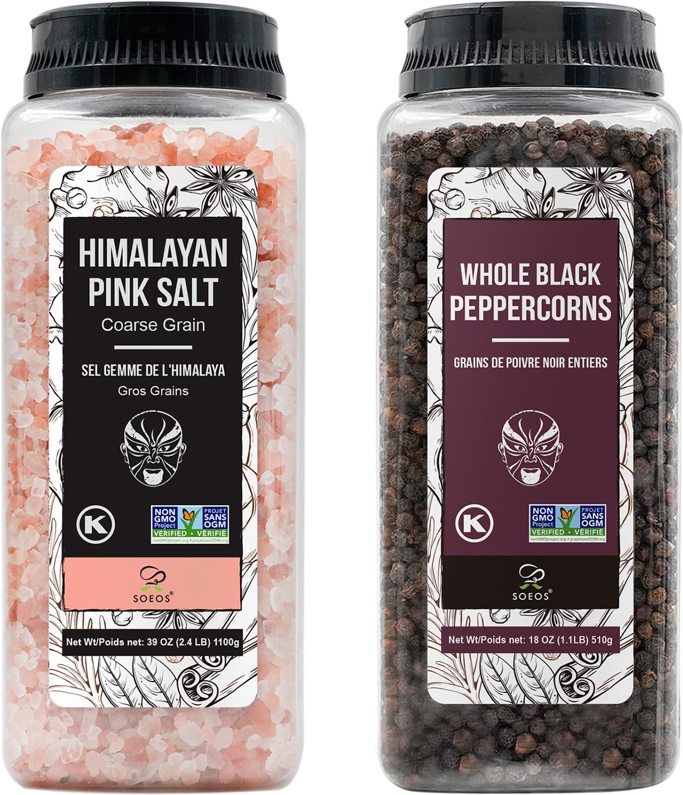 Soeos Himalayan Pink Salt 39 oz + Whole Black Peppercorns 18 oz, Coarse Grain, Kosher Salt for Grinder Refill, Salt and Pepper Grinder, Non-GMO Verified, Spice Seasoning Set for Cooking