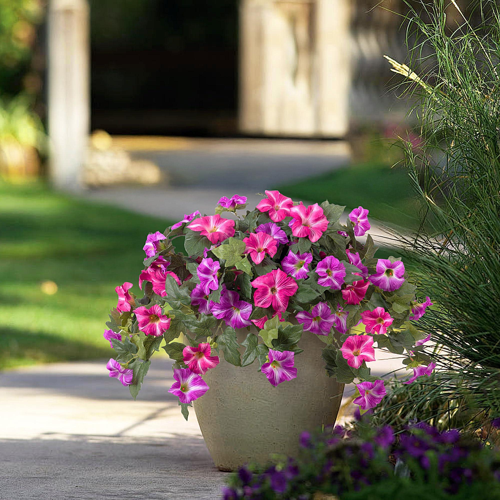 Ammyoo Artificial Fake Flowers Plants for Outdoor Decoration, 2PCS Spring Faux Petunias Silk Flower UV Resistant No Fade Floral for Home Garden Balcony Yard Porch Realistic Indoor Decor (Red Lotus) - Image 8