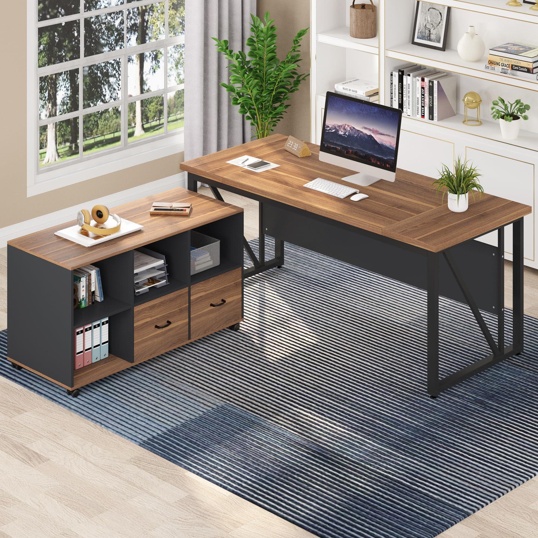 Tribesigns 63 inches Executive Desk and 47" lateral File Cabinet, L-Shaped Computer Desk Home Office Business Furniture with Drawers and Storage Shelves, Office Table,Brown and Black - Image 8