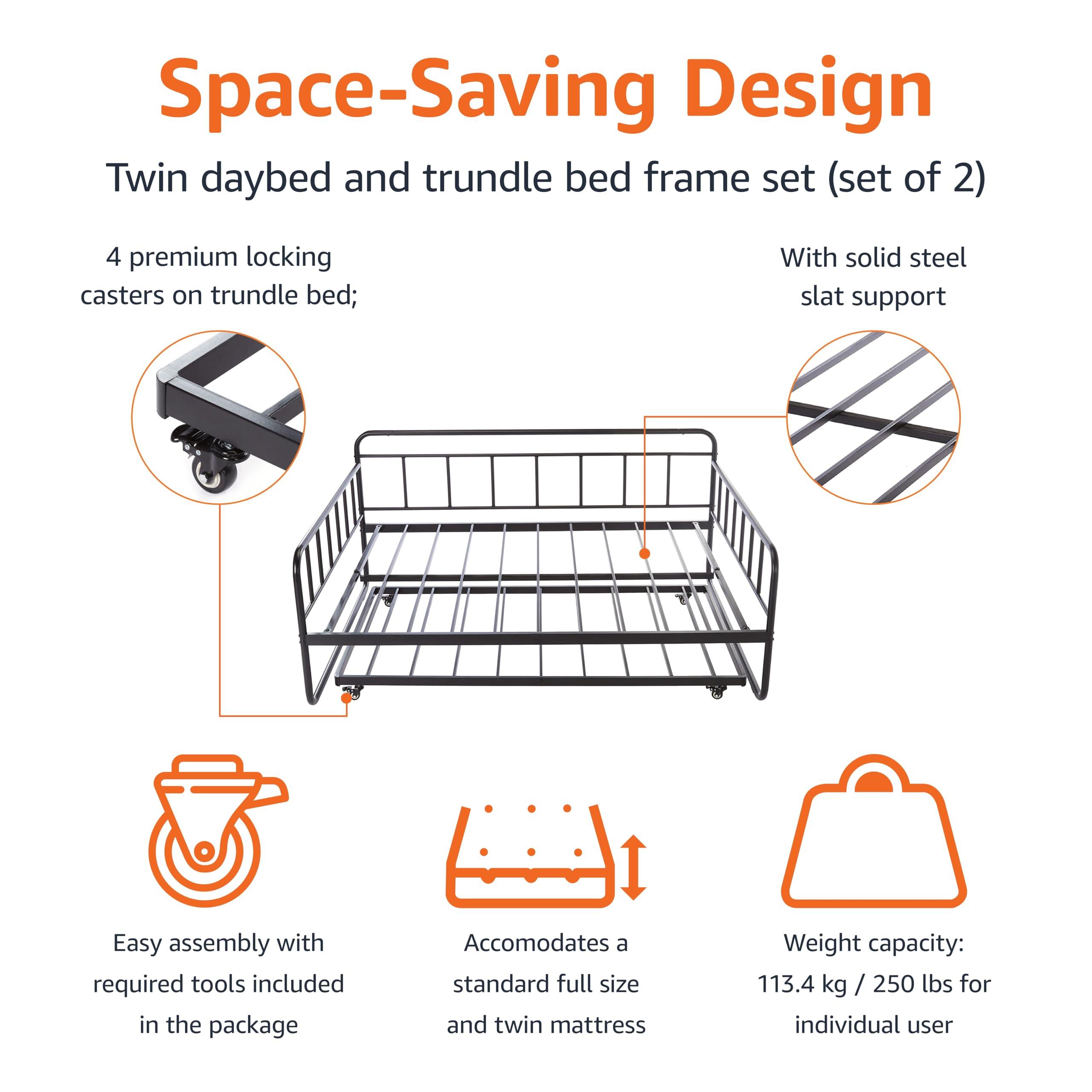 Amazon Basics Full Daybed and Twin Size Trundle Bed Frame Set, Space Saving Steel Slat Support, Black - Image 3